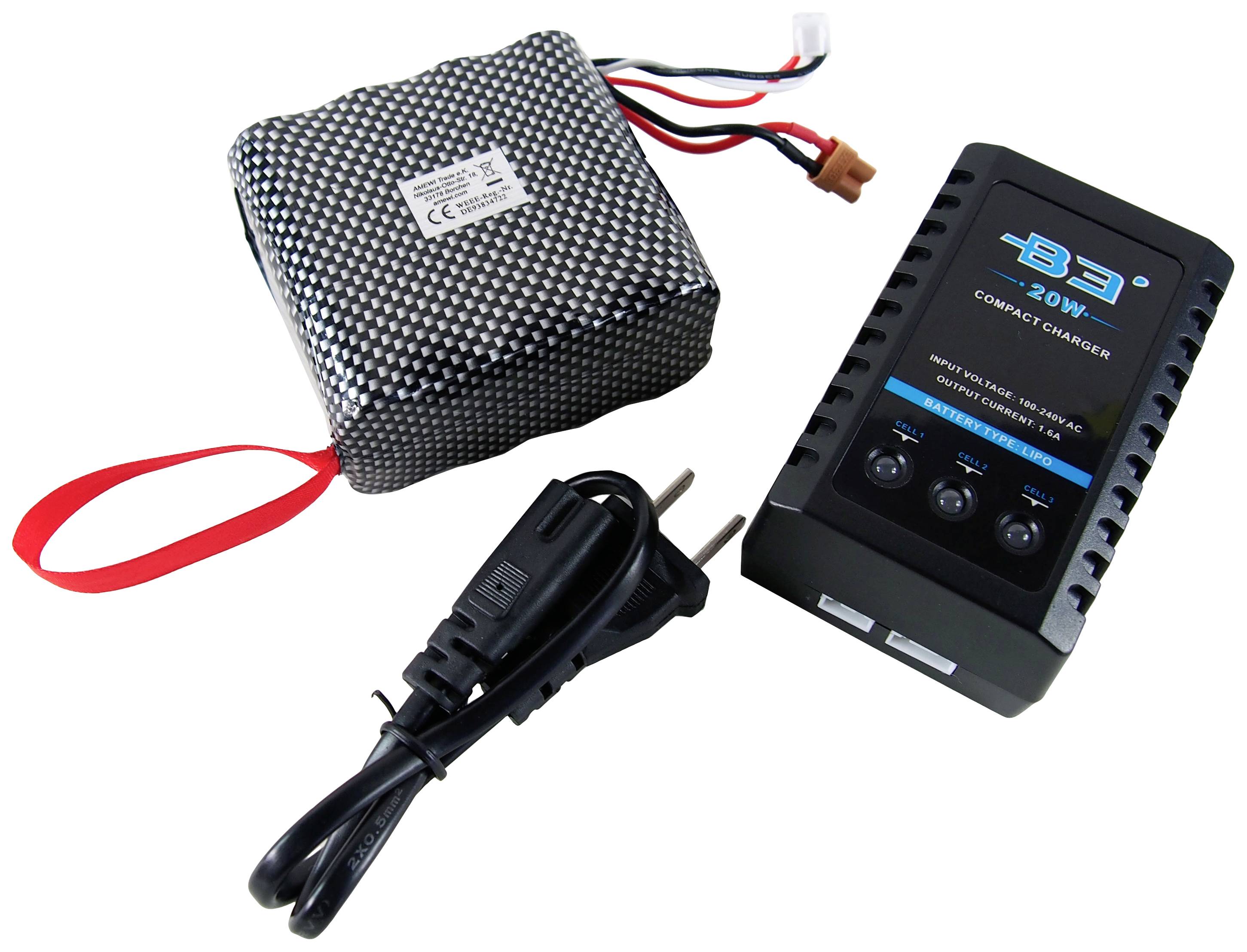 Batterie LiPo avec ruban rouge, chargeur avec écran et câble secteur noir. Ensemble pour charger les batteries Lithium-Polymère.