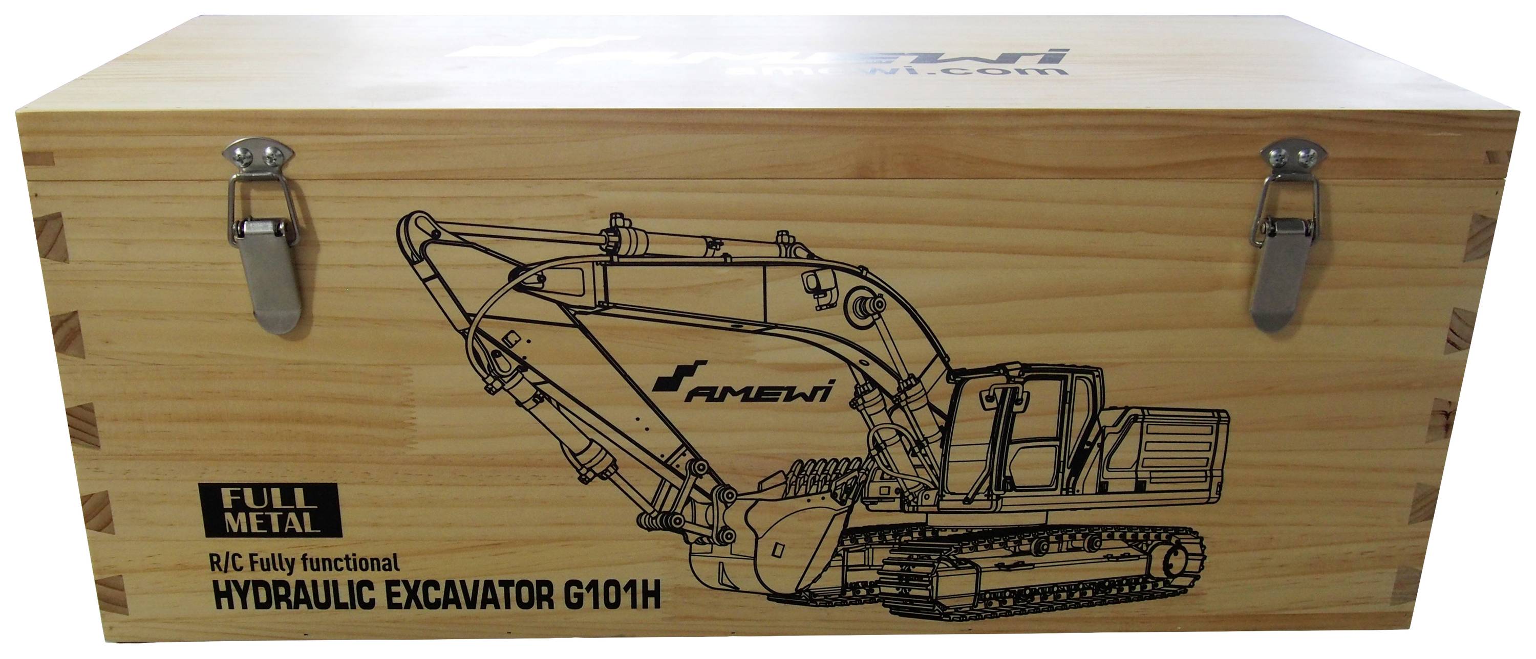 Caisse en bois avec schéma de pelle mécanique imprimé et l'inscription « R/C Pelleteuse hydraulique entièrement fonctionnelle G101H ».