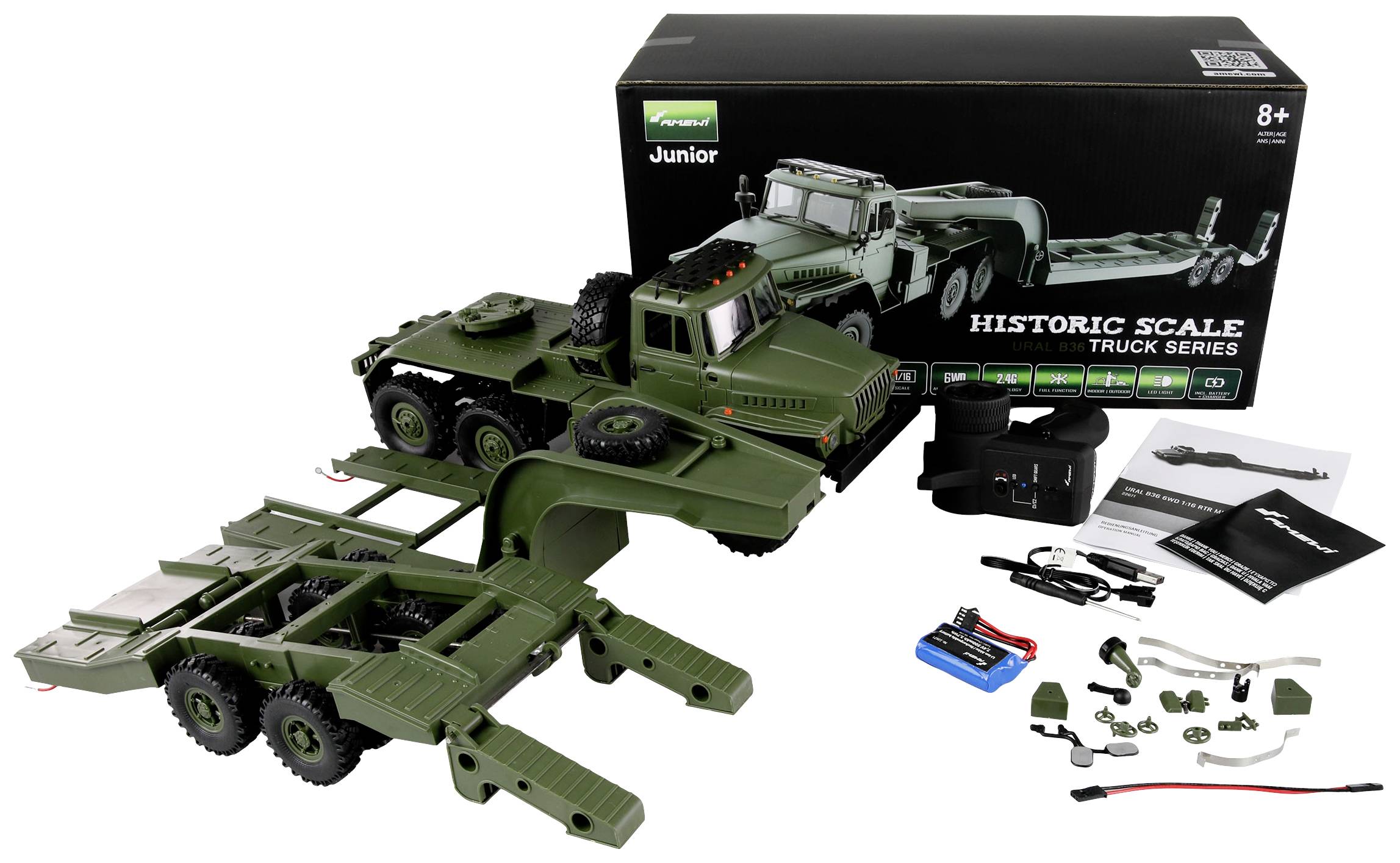 Amewi 22671 Ural B36 1:16 électrique Camion RC prêt à fonctionner (RtR) avec accu et câble de charge, pré-peint, avec effet
