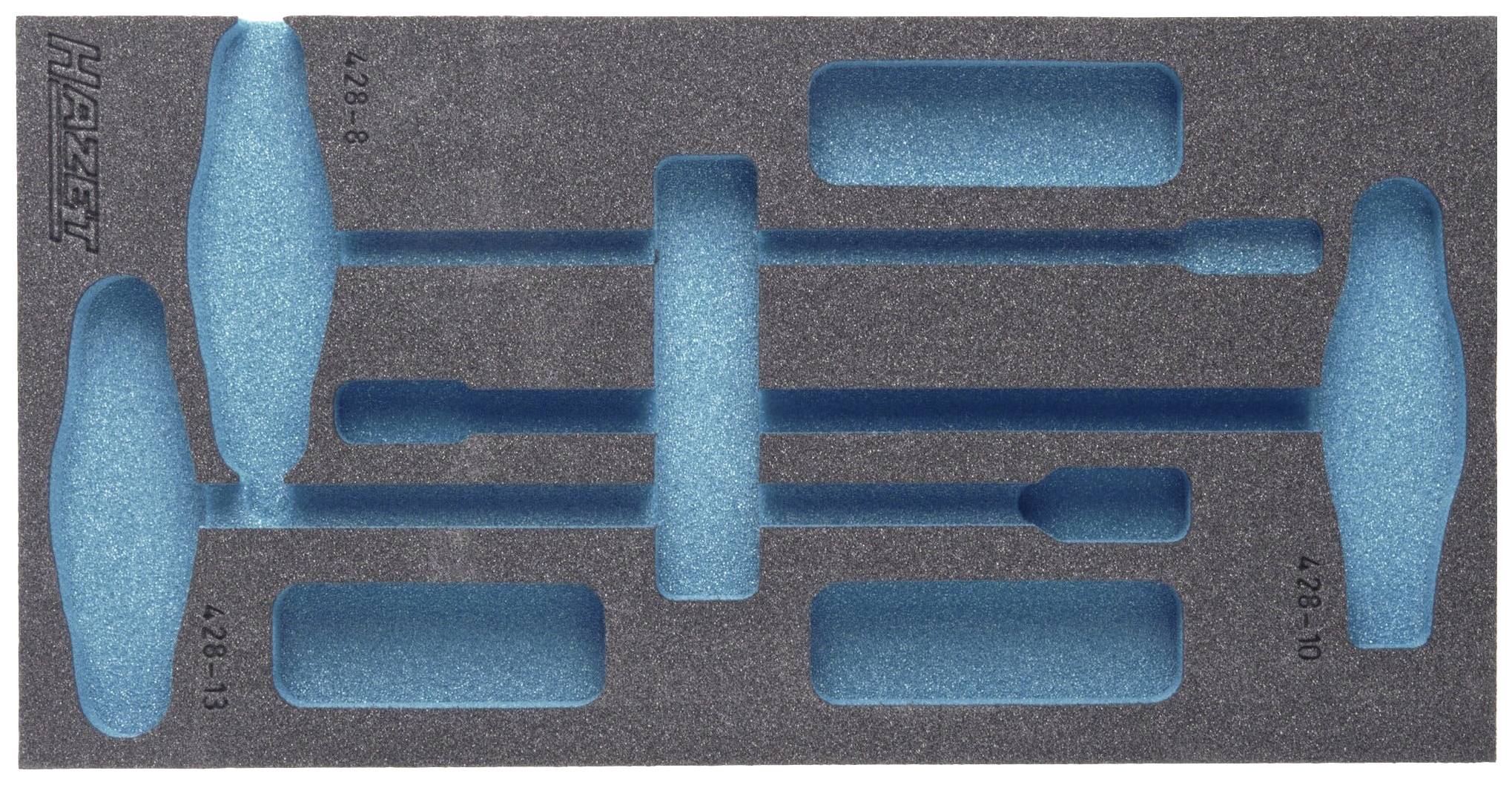 Utilisation d'outils avec des fentes intégrées pour différents tournevis. La mousse est noire avec des découpes bleues. Logo de la marque en haut à gauche.
