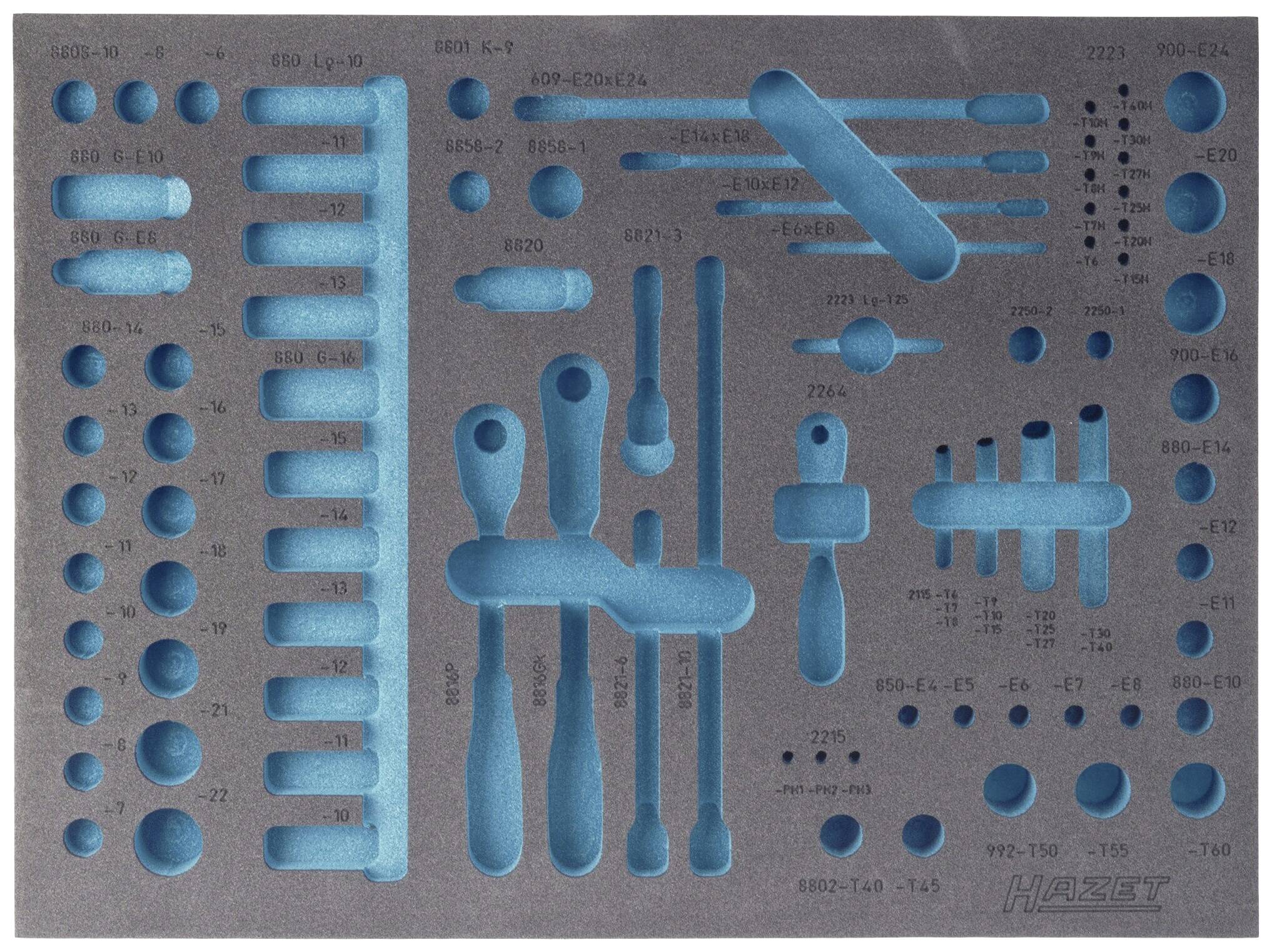 Garniture en mousse avec des découpes précises pour le rangement de divers outils ; surface noire, découpes bleues.