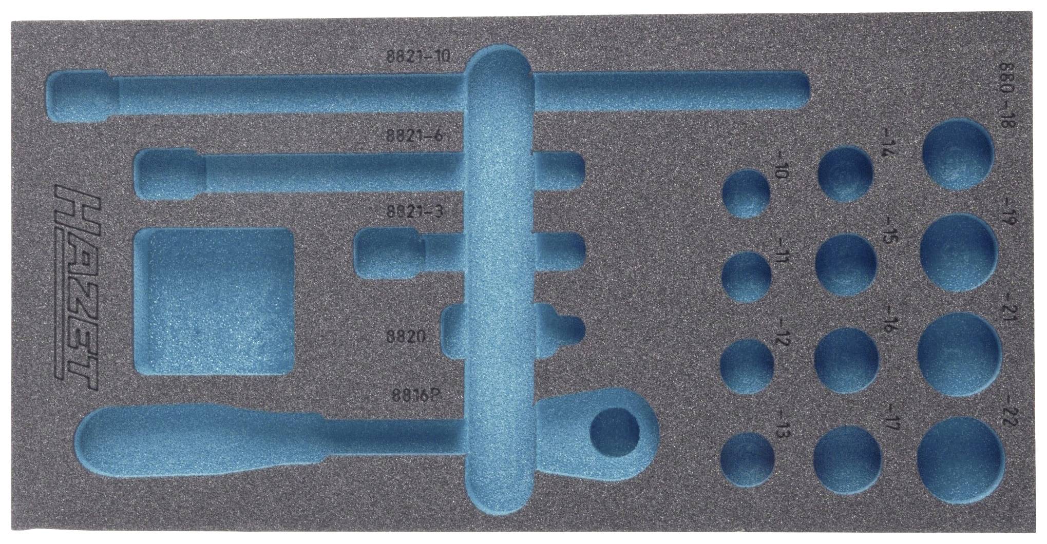 Insertion en mousse avec des découpes bleues pour le rangement des outils. Marquages pour différents outils et tailles.