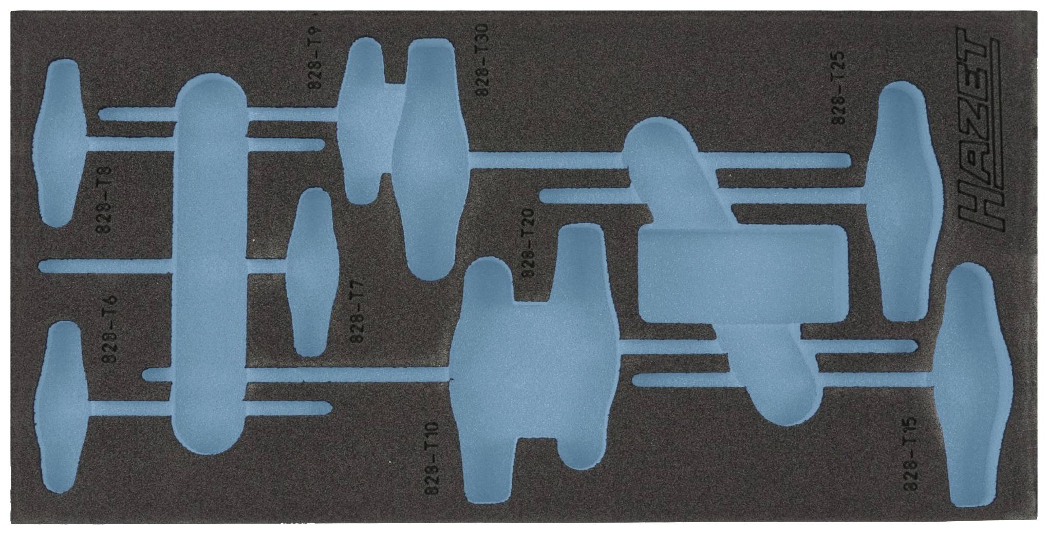 Porte-outils en mousse avec découpes bleues pour différents outils. Comprend les numéros 826-T6 à 826-T15.