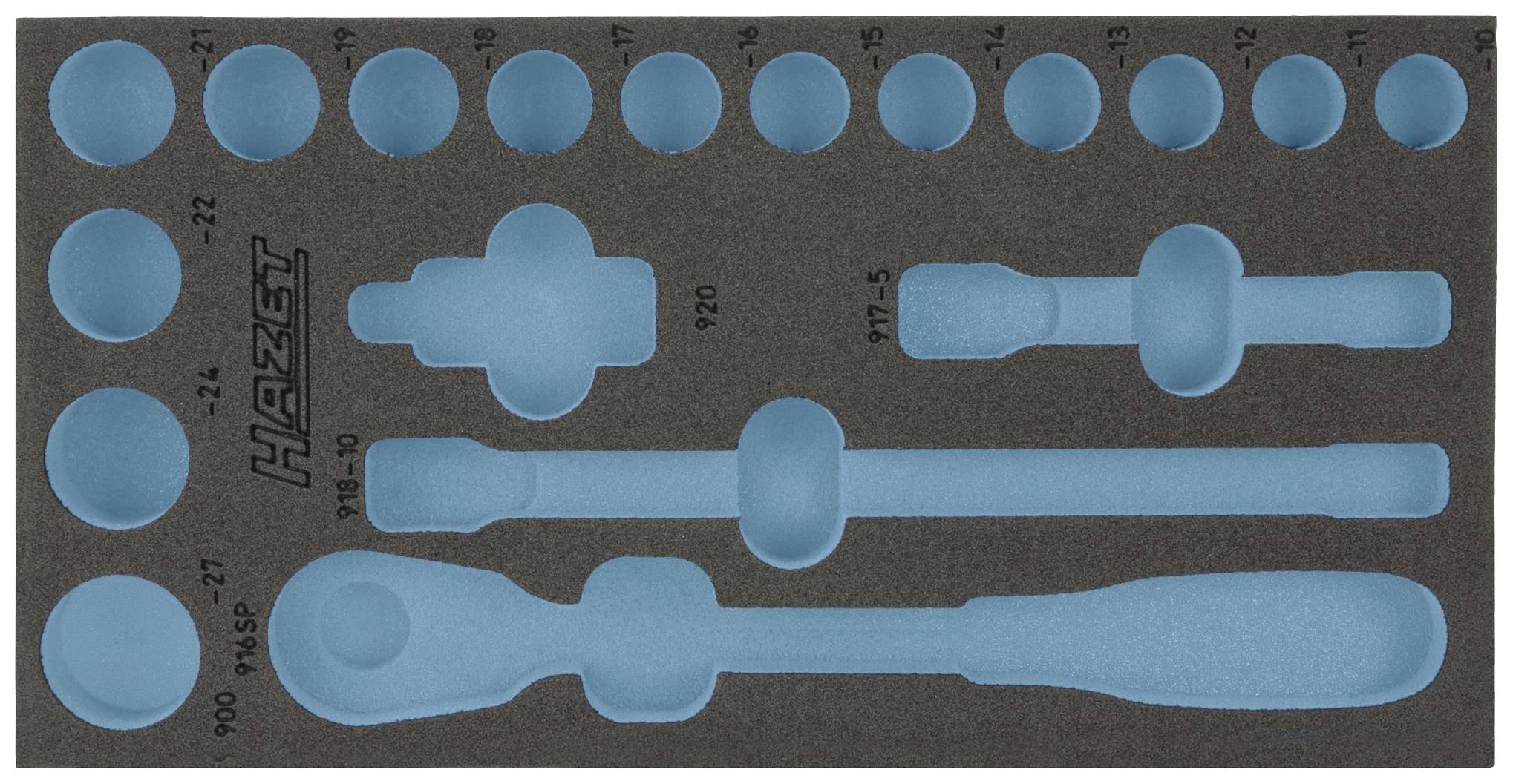 Garniture en mousse avec des découpes bleues pour outils Hazet. Comprend des emplacements pour différentes clés à douille et leviers.