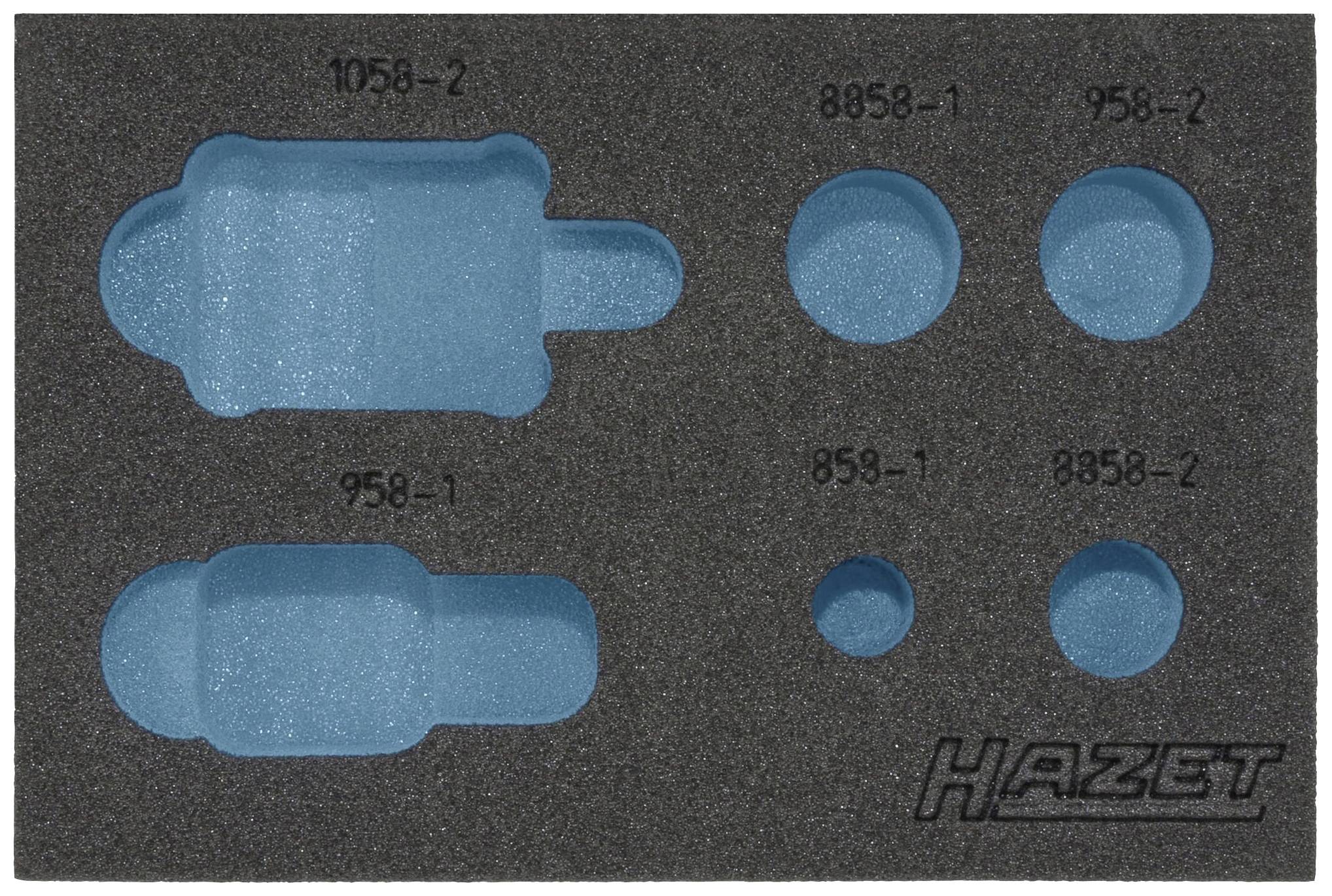 Insertion en mousse avec découpes pour outils, étiquetée avec les numéros '1058-2', '958-1', '8858-1', '858-2', '853-1', '8538-2'.