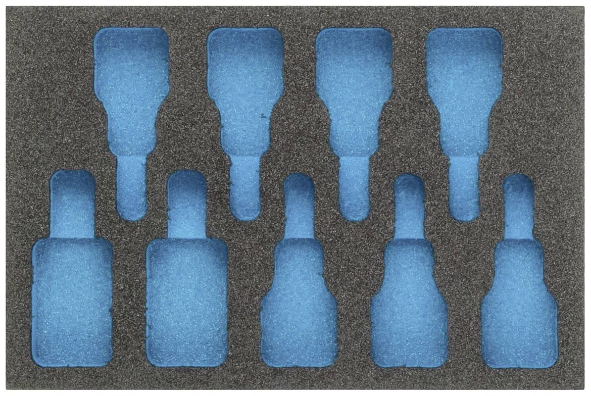 Garniture en mousse avec des cavités bleues, adaptée à huit bouteilles ou objets similaires, pour la protection ou le rangement.