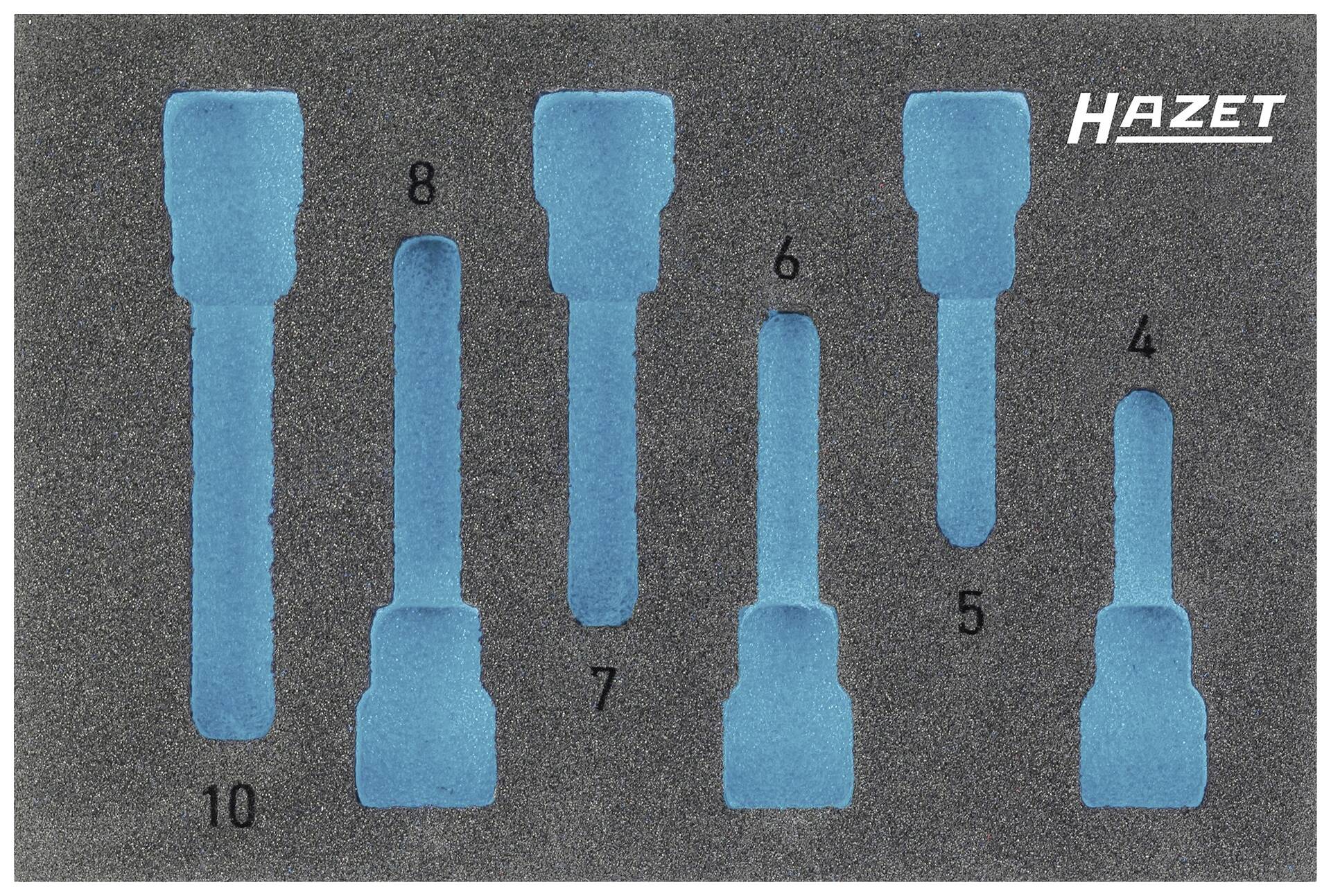 Insertion en mousse avec six emplacements pour clés à molette, numérotés de 4 à 10. Logo de marque 'Hazet' en haut à droite.