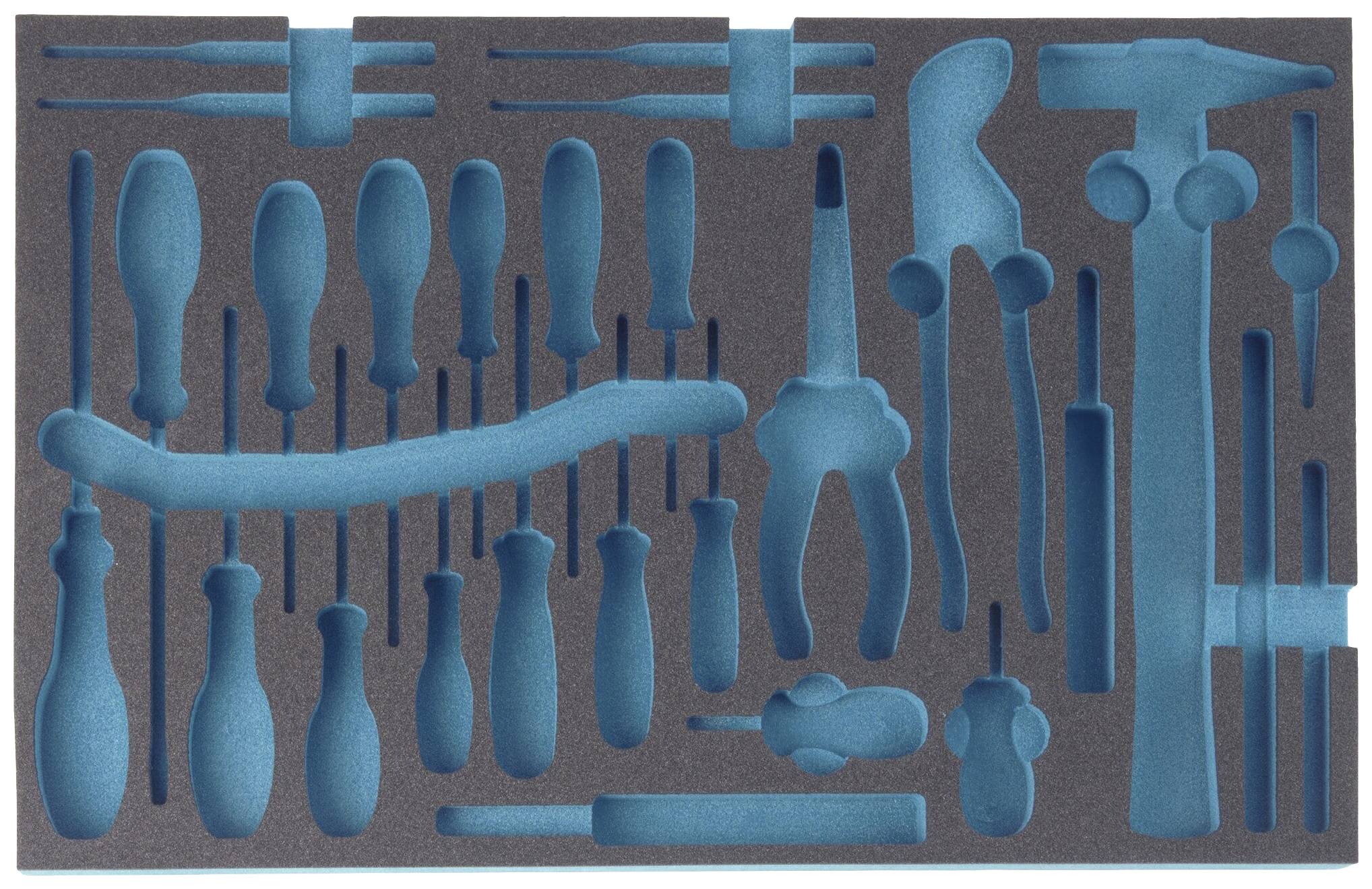 Garniture de tiroir à outils avec différentes formes d'outils, comprenant des tournevis, des pinces et des marteaux en mousse.