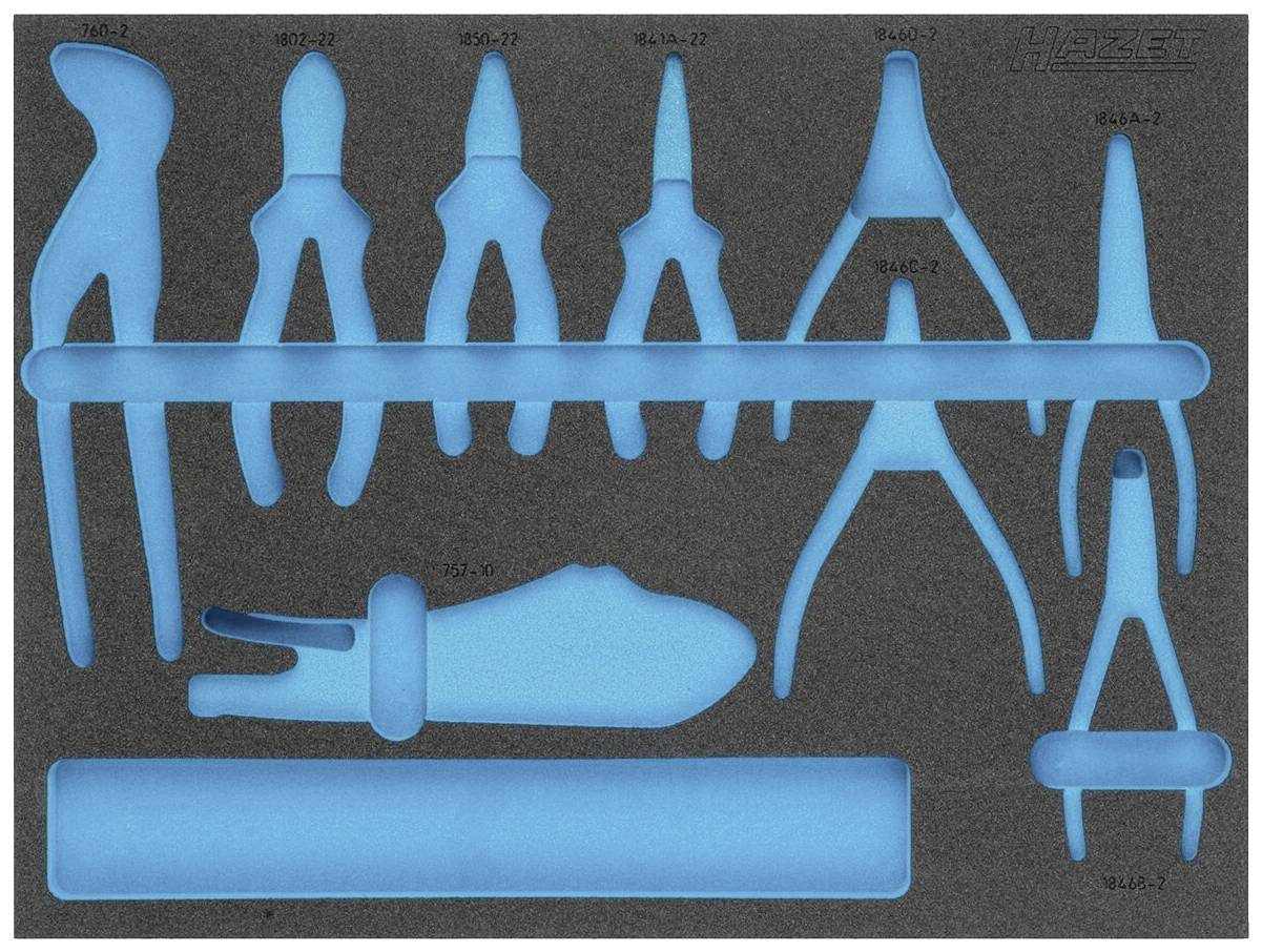 Ensemble d'outils dans un insert en mousse. Comprend divers pinces et une clé à molette, rangés pour un accès facile.