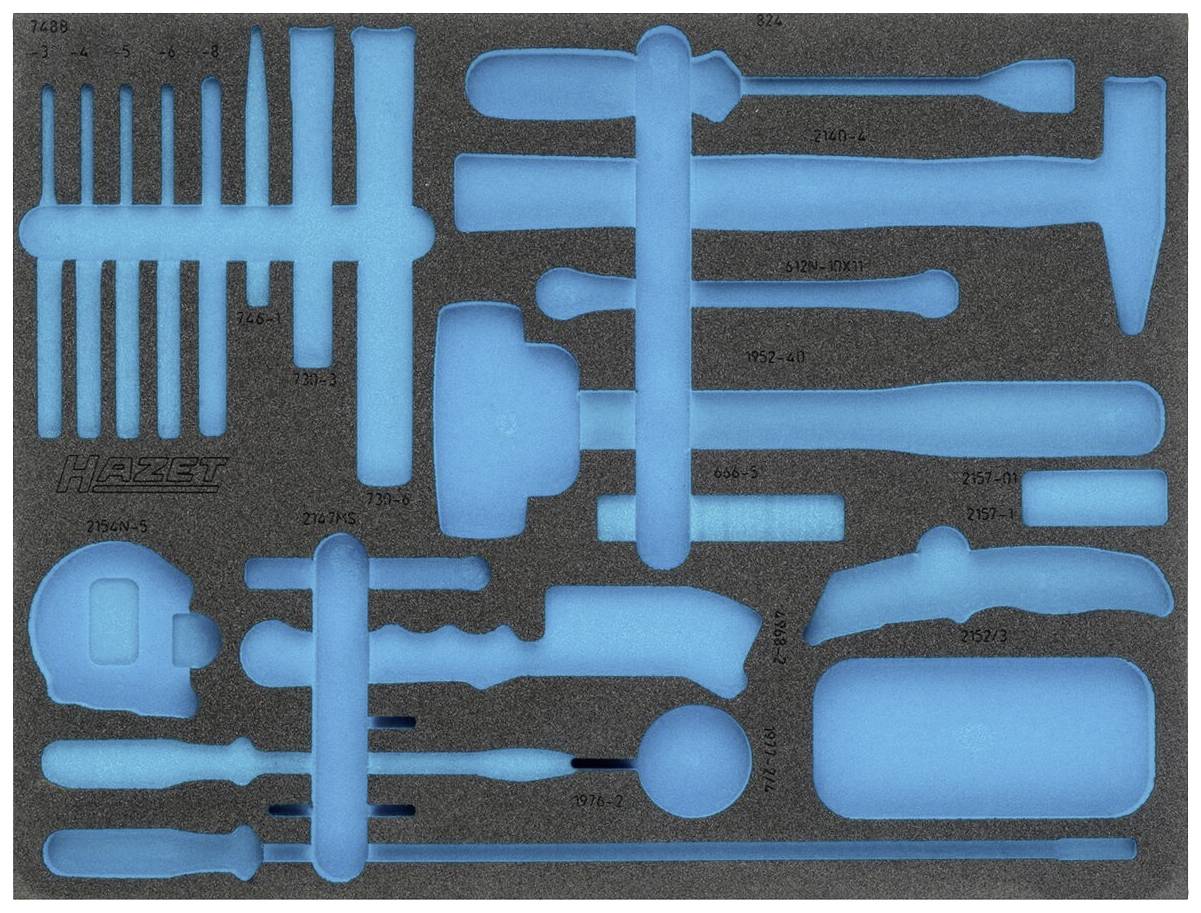 Ensemble d'outils bleu avec différentes formes d'outils sur un fond de mousse, comprenant des marteaux, des tournevis et une pince.