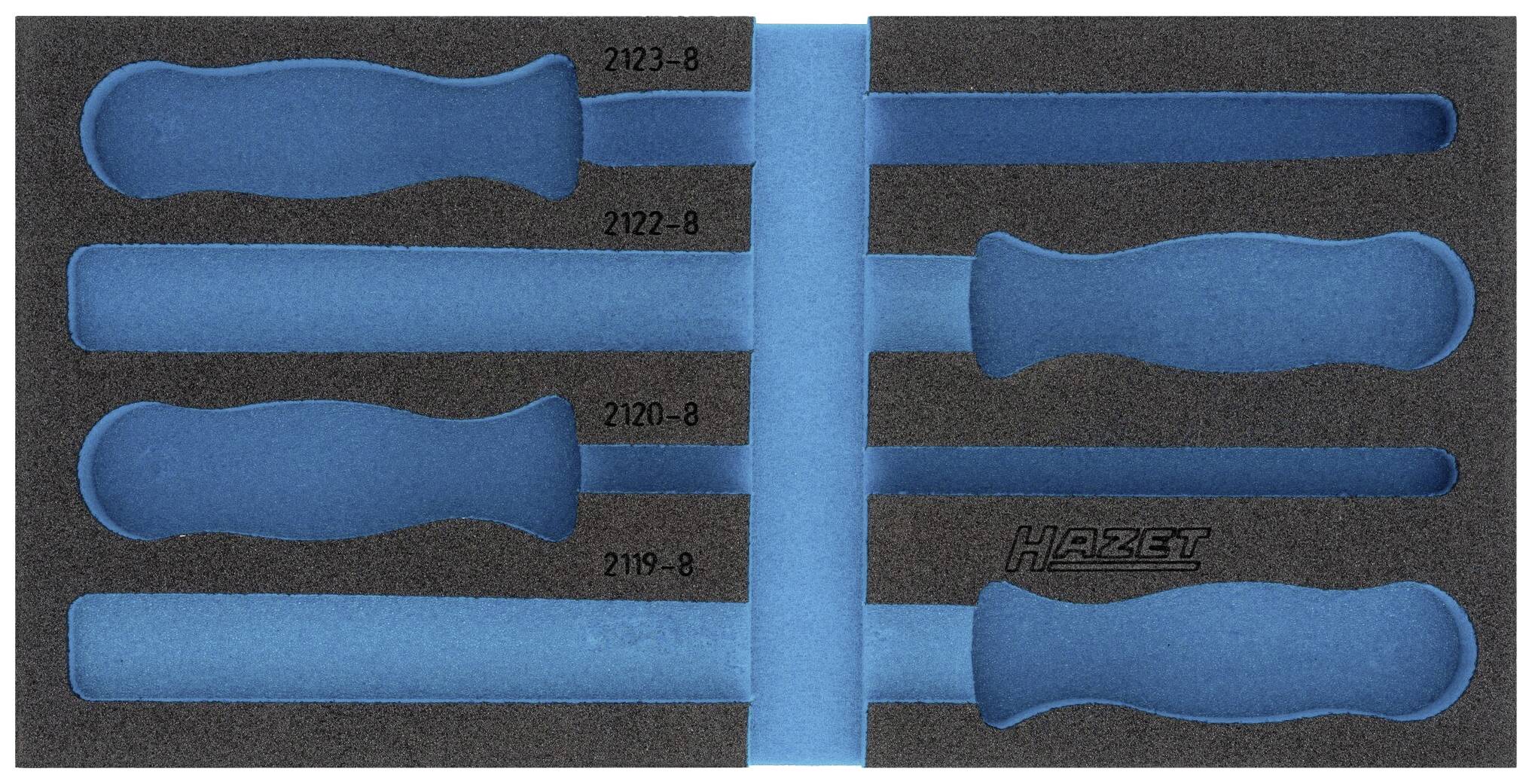 Quatre tournevis bleus sur un support en mousse ; numérotés de 2123-B à 2119-B, de gauche à droite.