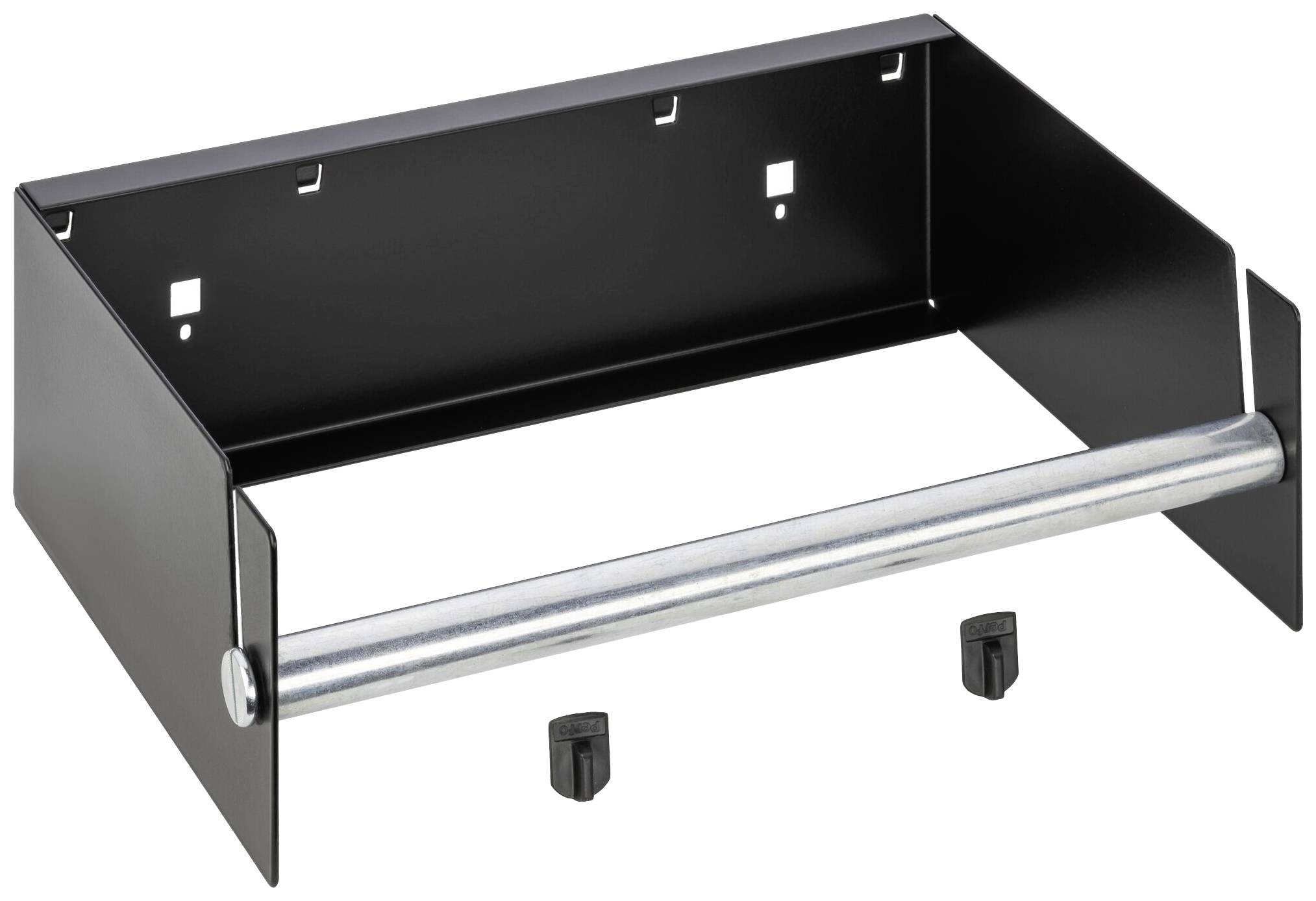 Support en métal noir avec une tige argentée au centre, adapté pour une fixation murale. Deux boutons noirs sont disposés à côté.