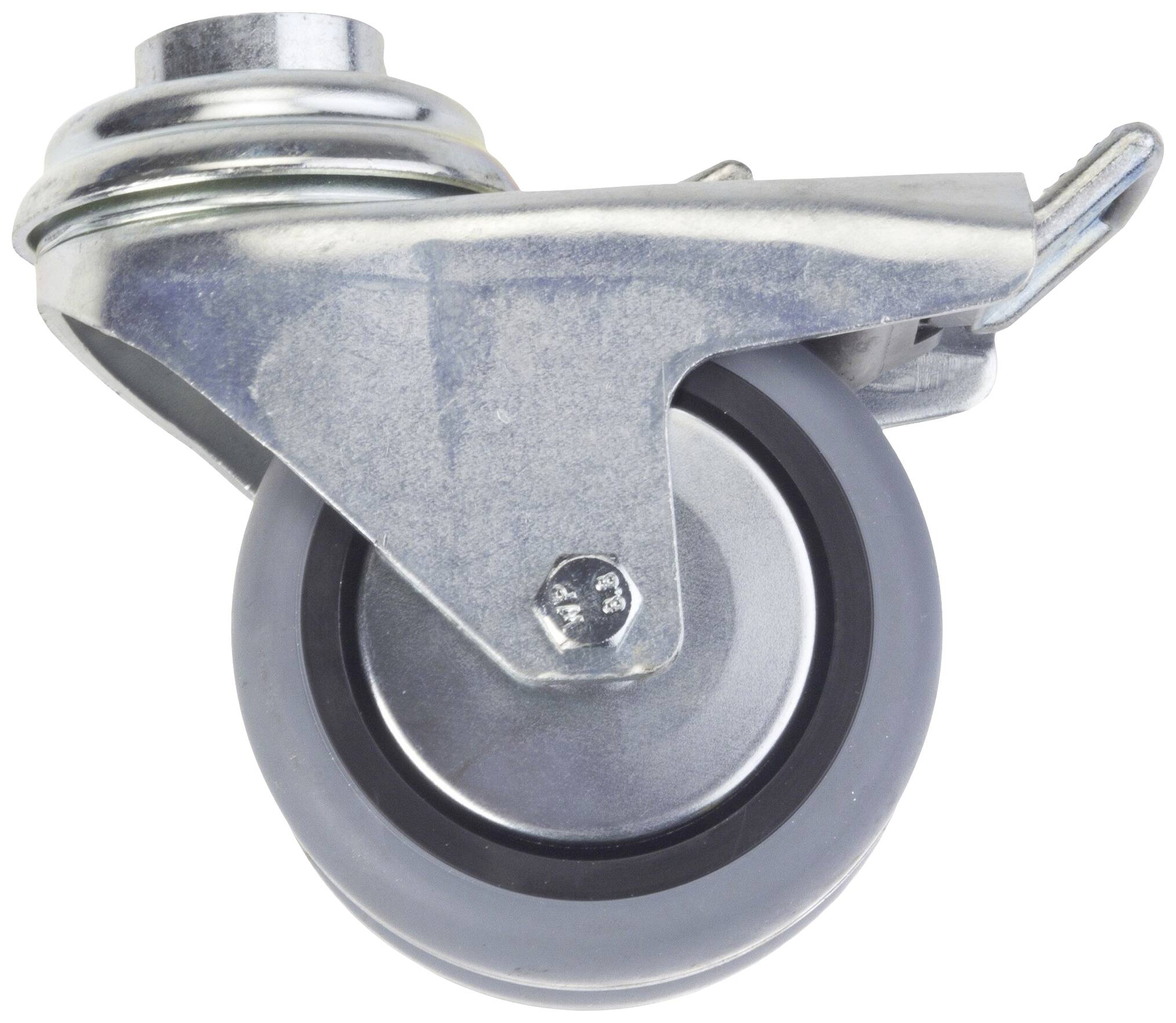Roulette en métal avec roue en caoutchouc gris et support.