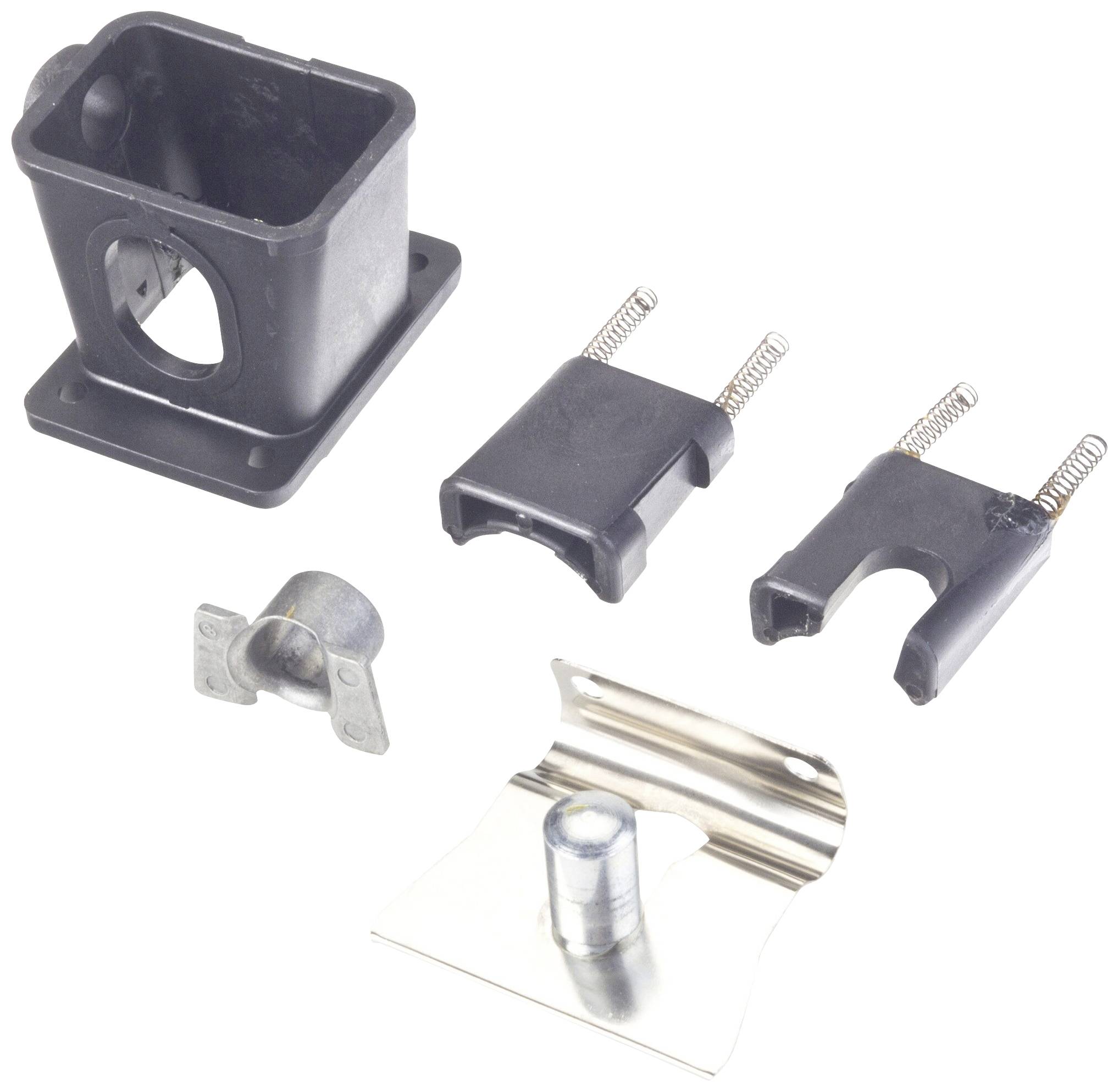 Un ensemble de pièces d'outillage, composé de composants en plastique et en métal, probablement destiné à des fins d'assemblage.