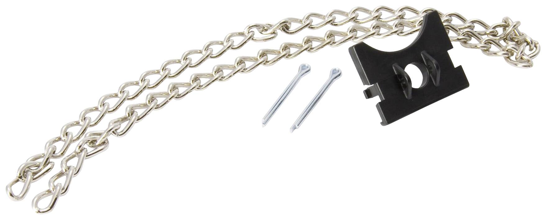 Chaîne métallique avec support en plastique noir et deux petites goupilles métalliques, probablement des composants d'un système de suspension.