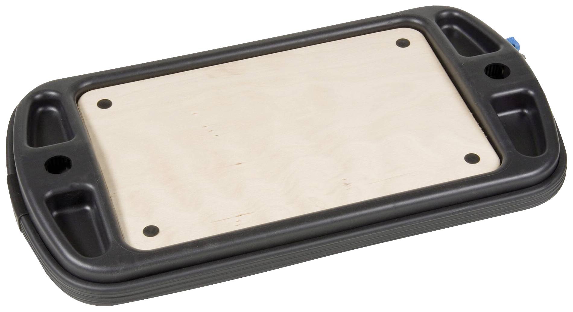 Rangement rectangulaire noir avec deux poignées latérales et un plateau central en bois clair.