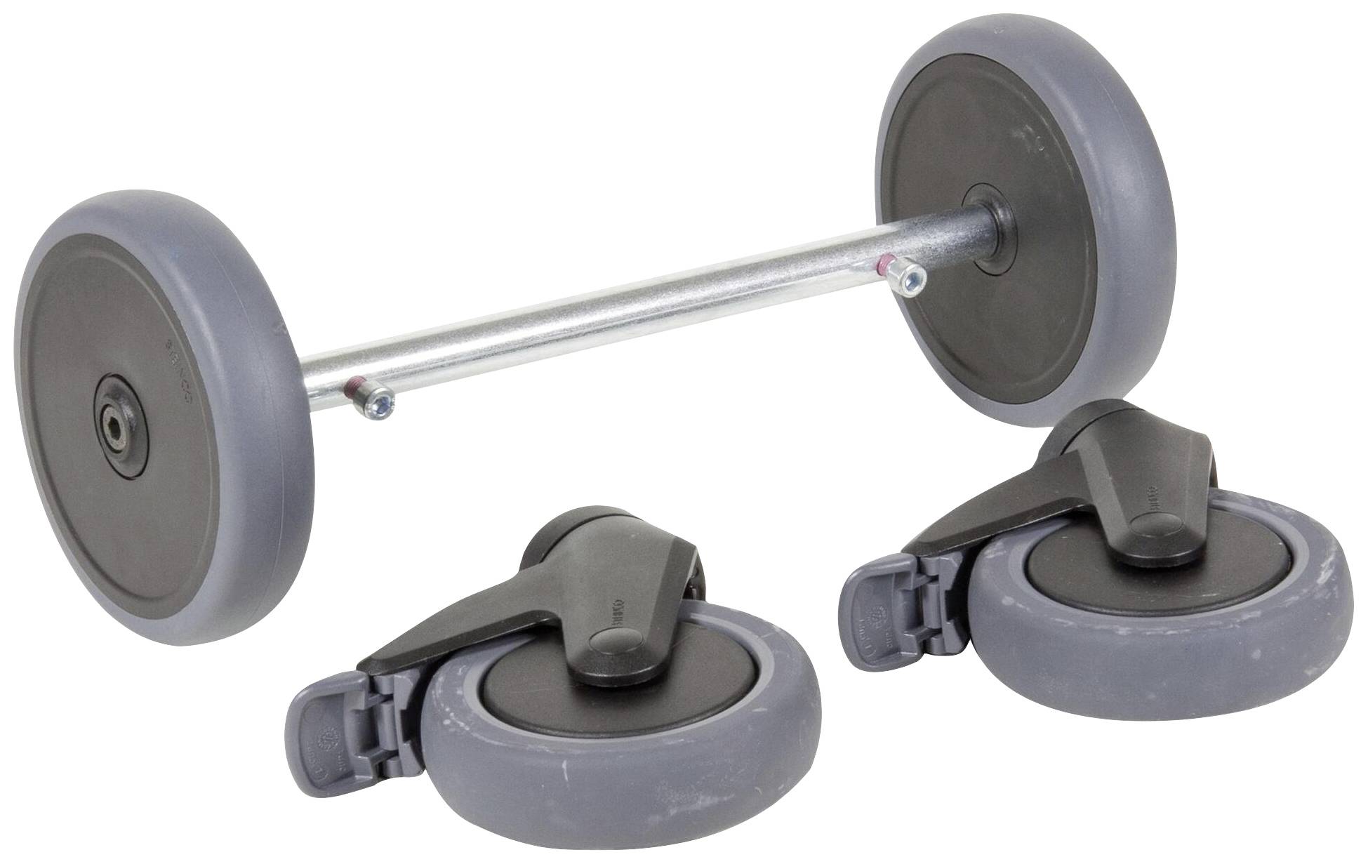 Deux roues grises et une roue de rechange pour poussette, présentées sur un fond blanc.