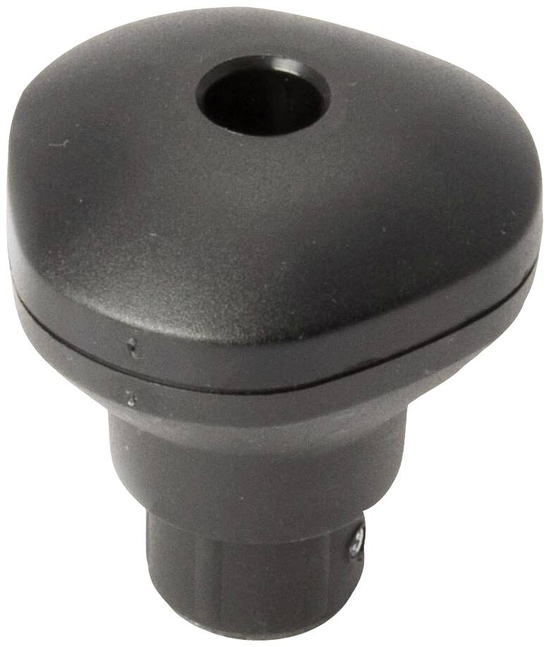 Bouton de rotation noir, triangulaire, à surface lisse et trou central, probablement partie intégrante d'un appareil électronique ou d'un meuble.