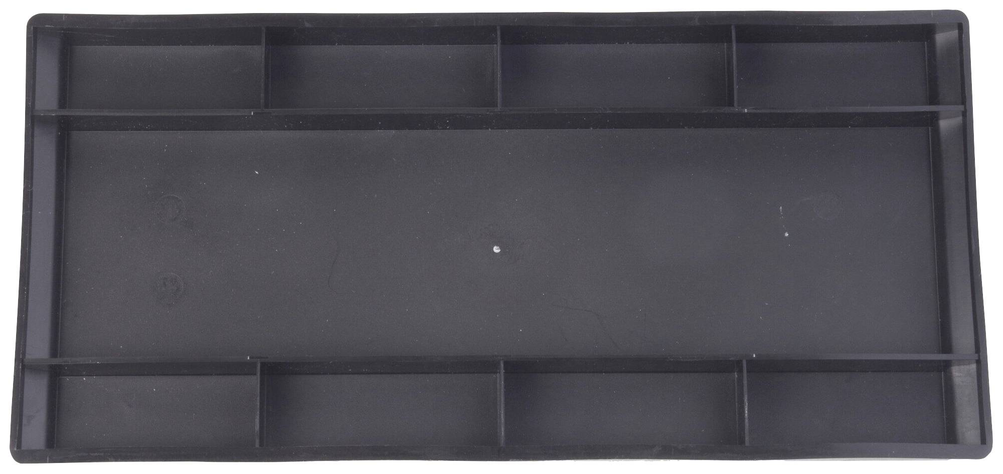 Un plateau rectangulaire noir avec un rebord surélevé et huit compartiments. Parfait pour le tri ou la présentation de petits objets.
