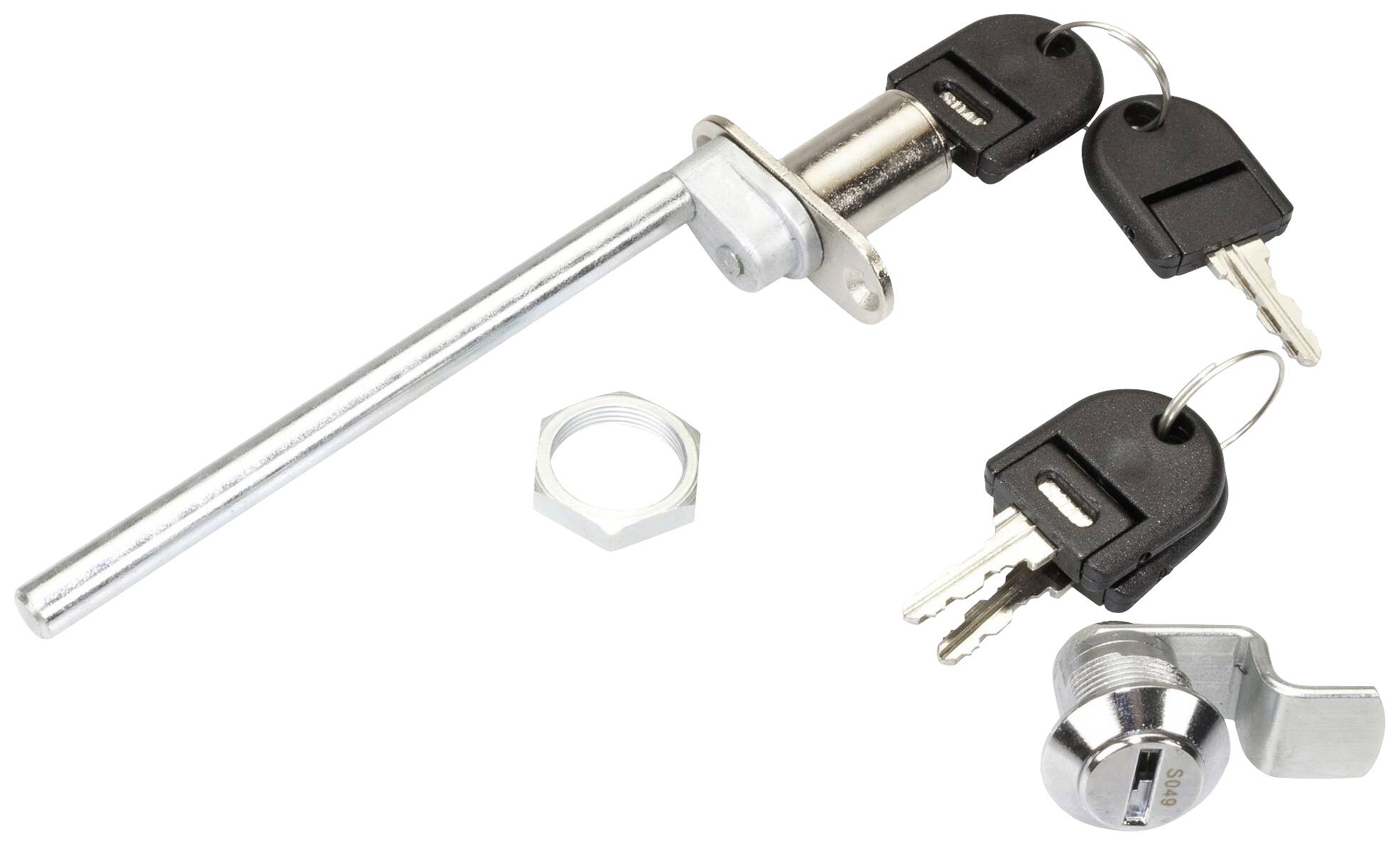 Cadenas en métal avec un long boulon, deux clés et un écrou de fixation. Utilisé pour sécuriser des objets ou des portes.