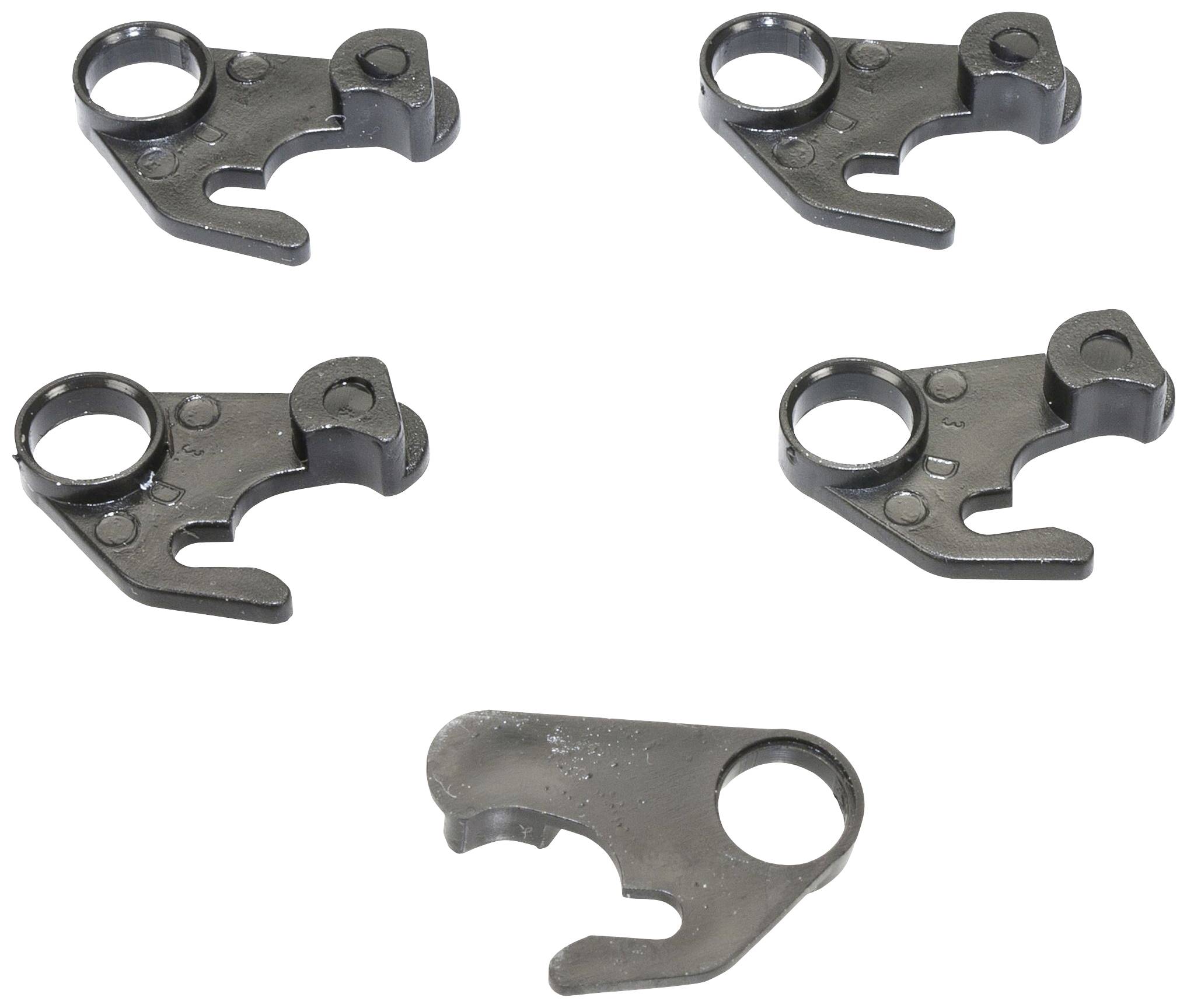 Cinq pièces métalliques noires de formes différentes, avec des ouvertures circulaires et des crochets, disposées sur un fond blanc.