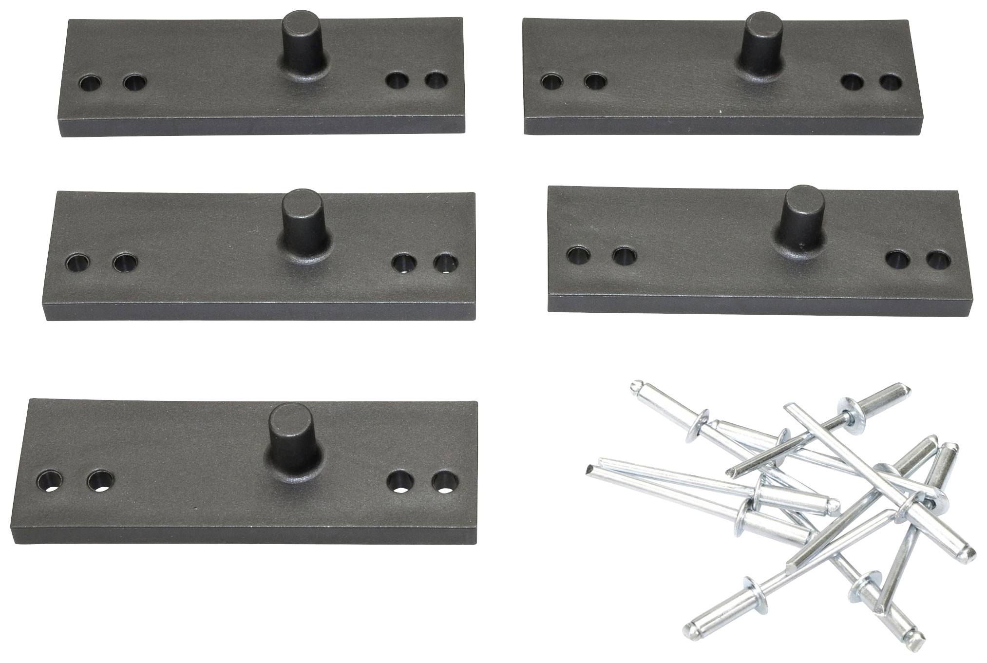 Cinq plaques métalliques noires avec un axe central et des trous, accompagnées de plusieurs rivets argentés.