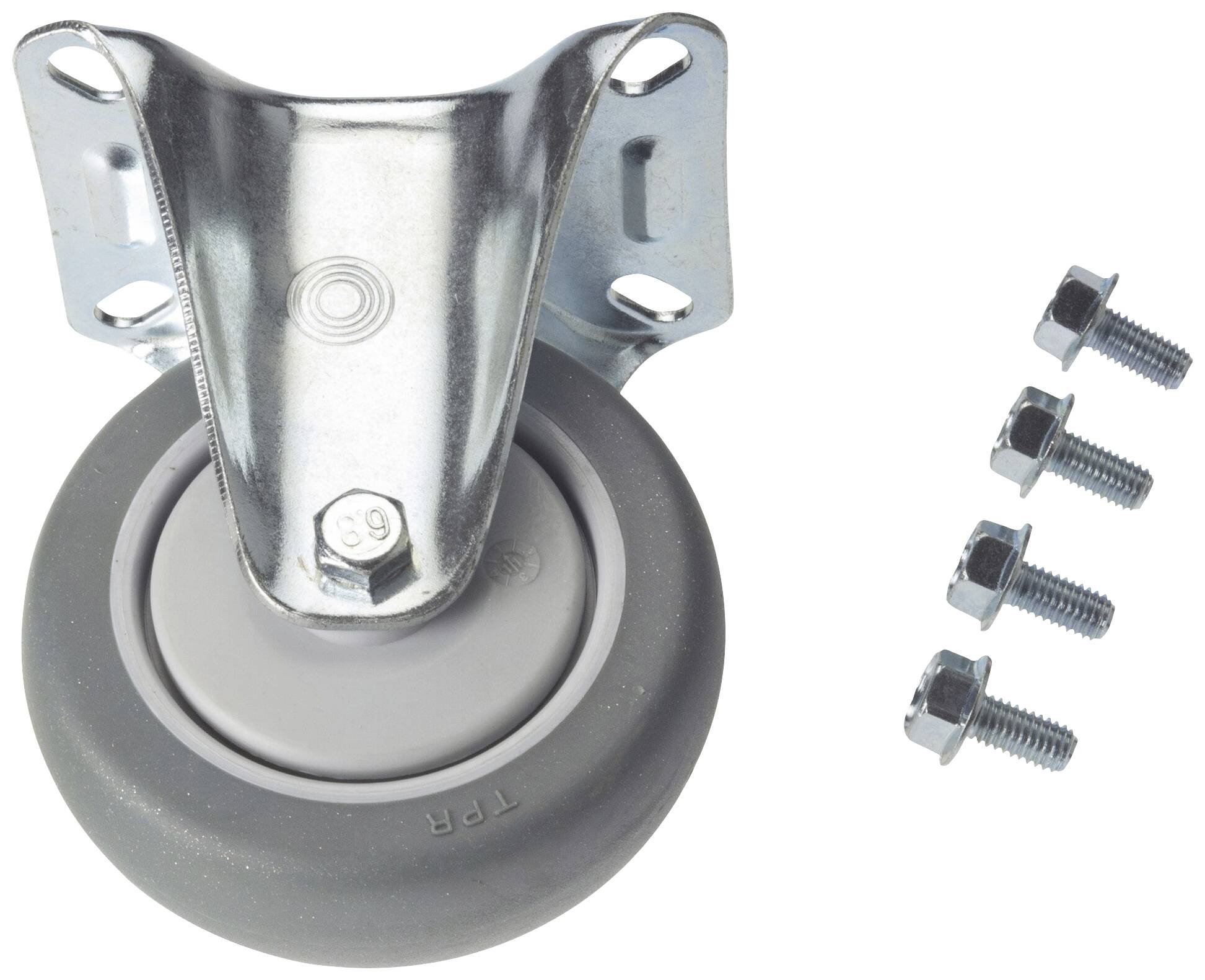 Roulette de métal avec roue en caoutchouc gris et quatre vis de montage séparées, représentée sur un fond blanc.