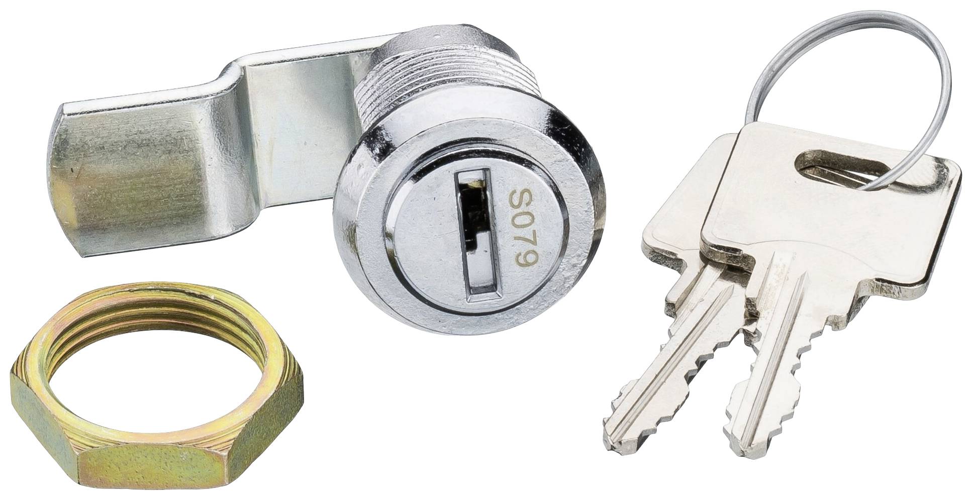Un cadenas cylindrique argenté portant l'inscription '5079' et deux clés associées sur un anneau à clés.