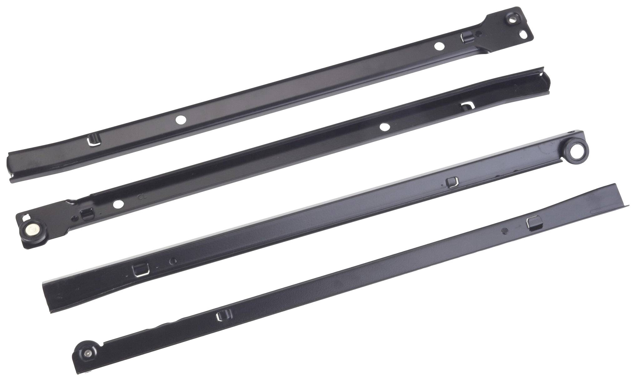 Quatre bandes métalliques noires, allongées, avec des trous et des points de fixation, probablement partie d'un système de montage ou de support.