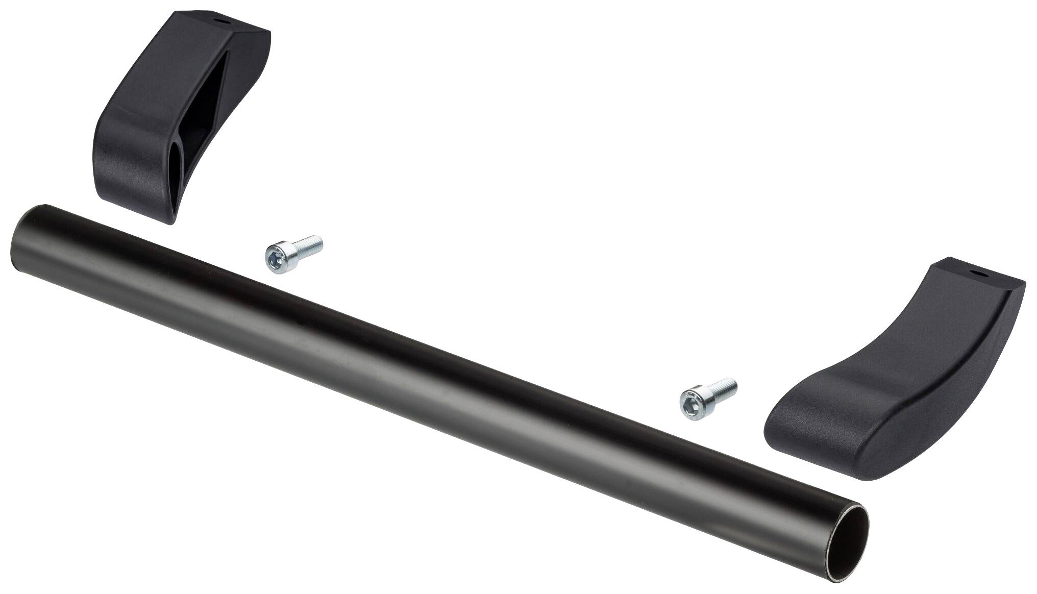 Tige métallique avec deux vis et deux supports en plastique, probablement des pièces d'un kit de montage de meuble.