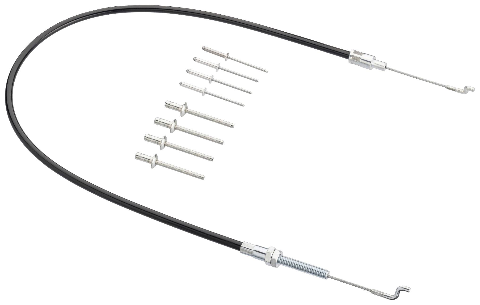 Un ensemble de câbles de frein en gaine noire avec embouts métalliques et raccords assortis, souvent utilisé pour les freins ou les dérailleurs de vélo.