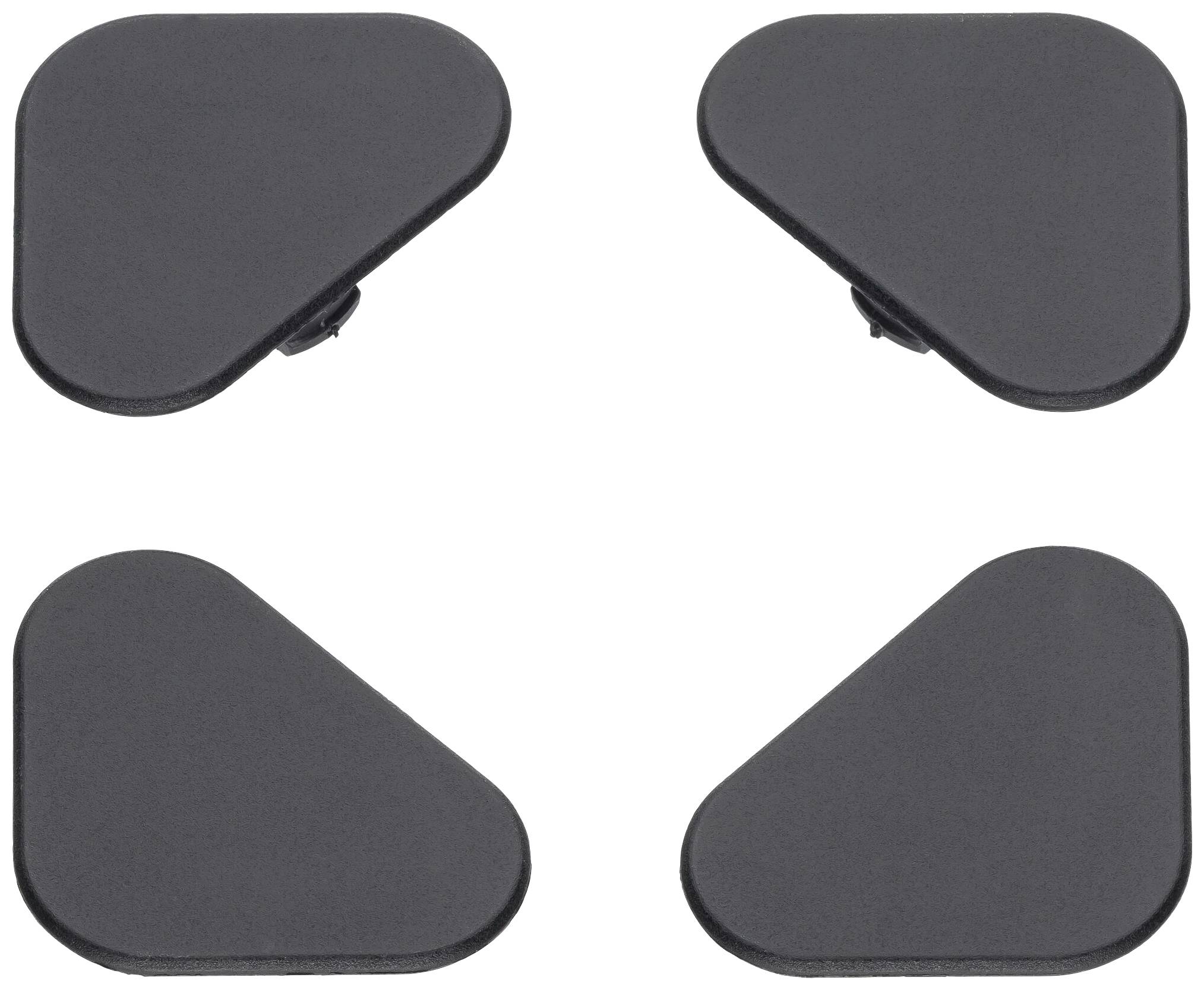 Quatre pieds en caoutchouc noir triangulaires sur un fond blanc, disposés selon un motif carré.