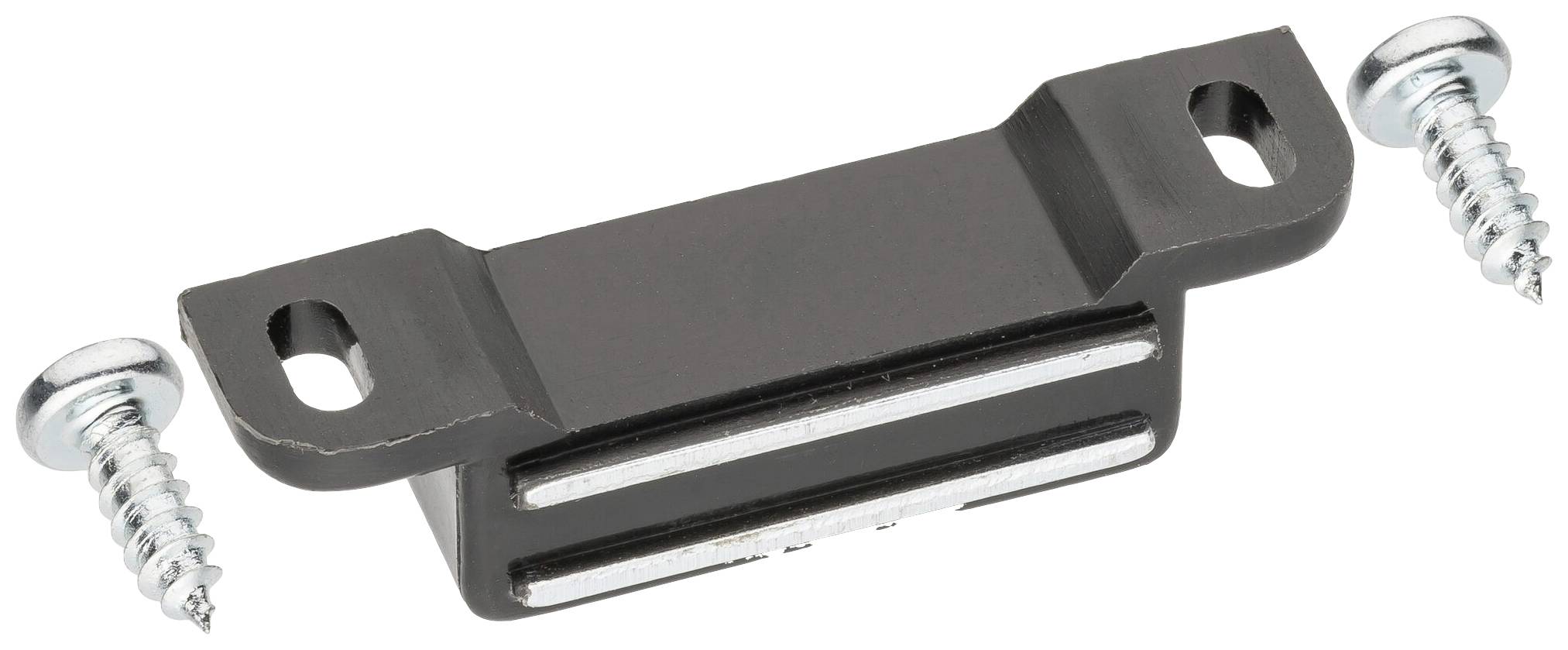 Un support magnétique rectangulaire avec deux vis. Le support dispose de deux trous de fixation et convient pour sécuriser des portes.