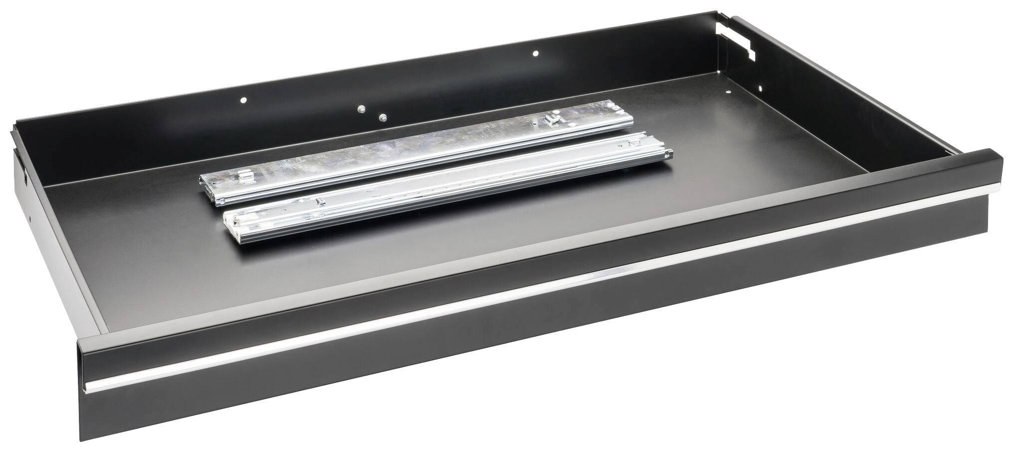 Tiroir coulissant noir avec rails montés, ouvert et vide, sur fond blanc. Adapté pour meubles ou armoires.
