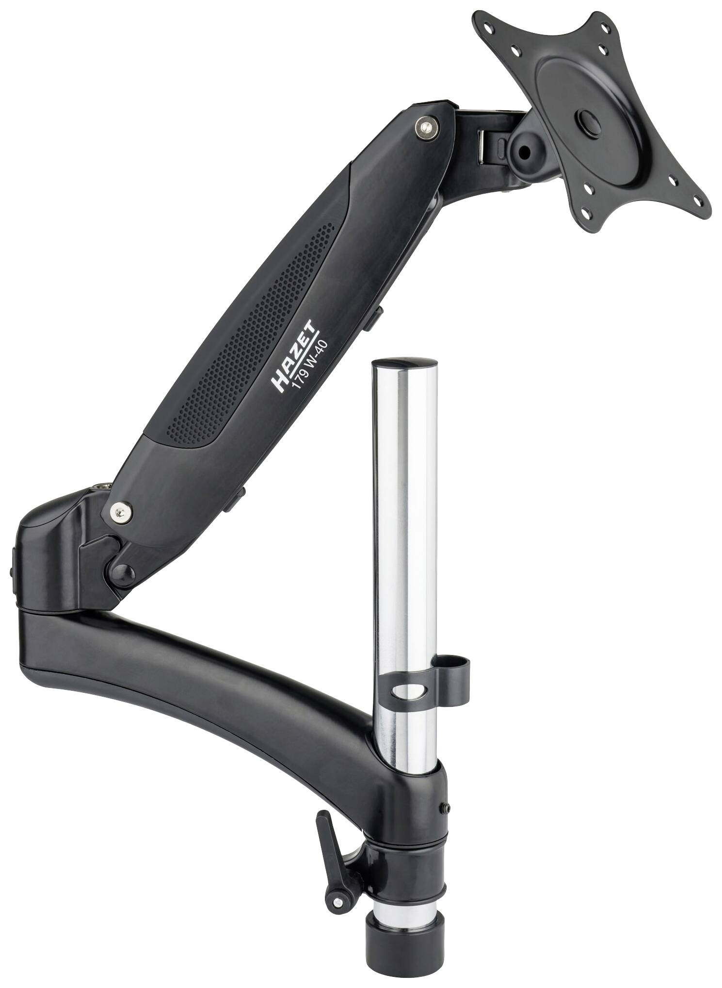 Support de moniteur avec bras mobile noir et tige verticale argentée pour fixation sur bureau. Idéal pour un positionnement flexible de l'écran.