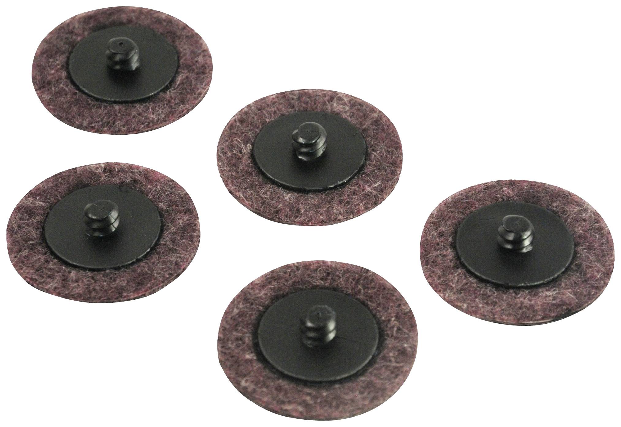 Cinq disques de meulage circulaires avec un centre foncé et un bord en feutre, répartis uniformément sur un fond blanc.