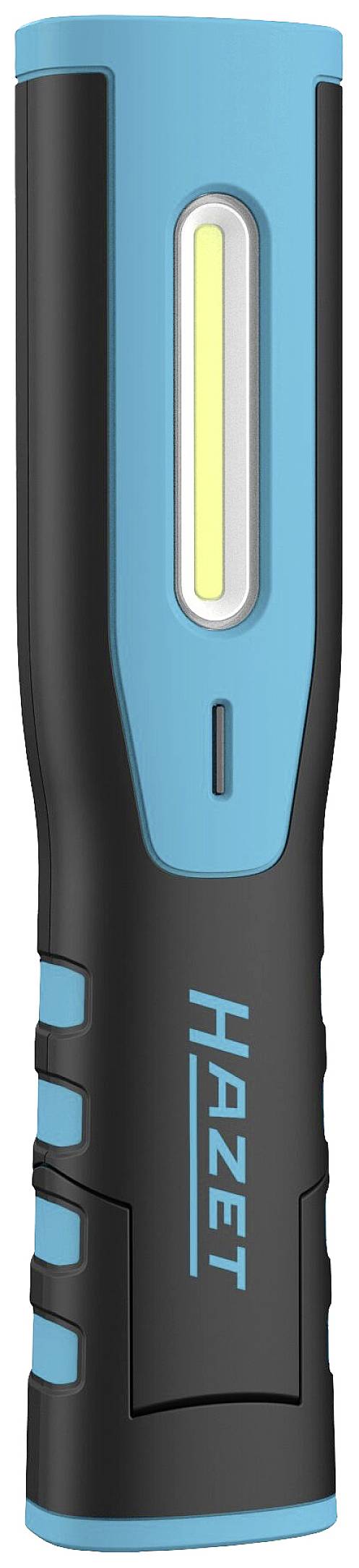 Sur l'image, on peut voir une lampe de poche LED de la marque Hazet, de couleur noire et bleue, avec un design allongé et une bande lumineuse au centre.