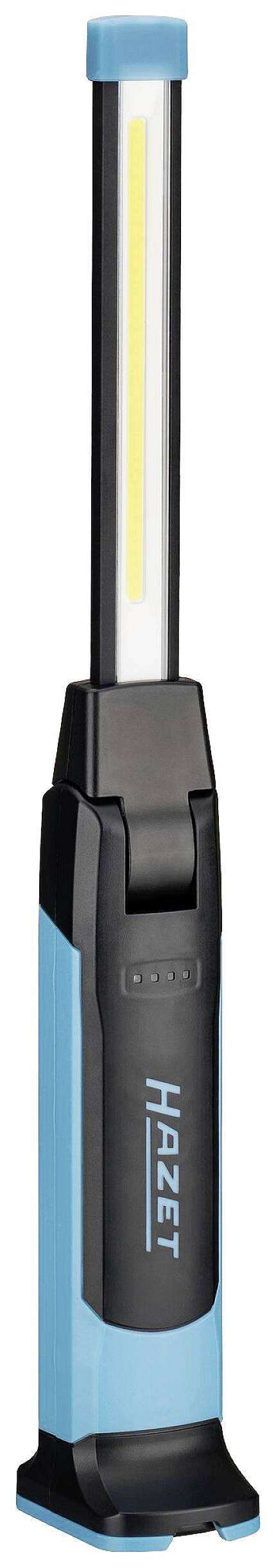 Lampe LED portable avec boîtier bleu et noir, marque 'Hazet'. Idéale pour les ateliers ou comme éclairage de travail.