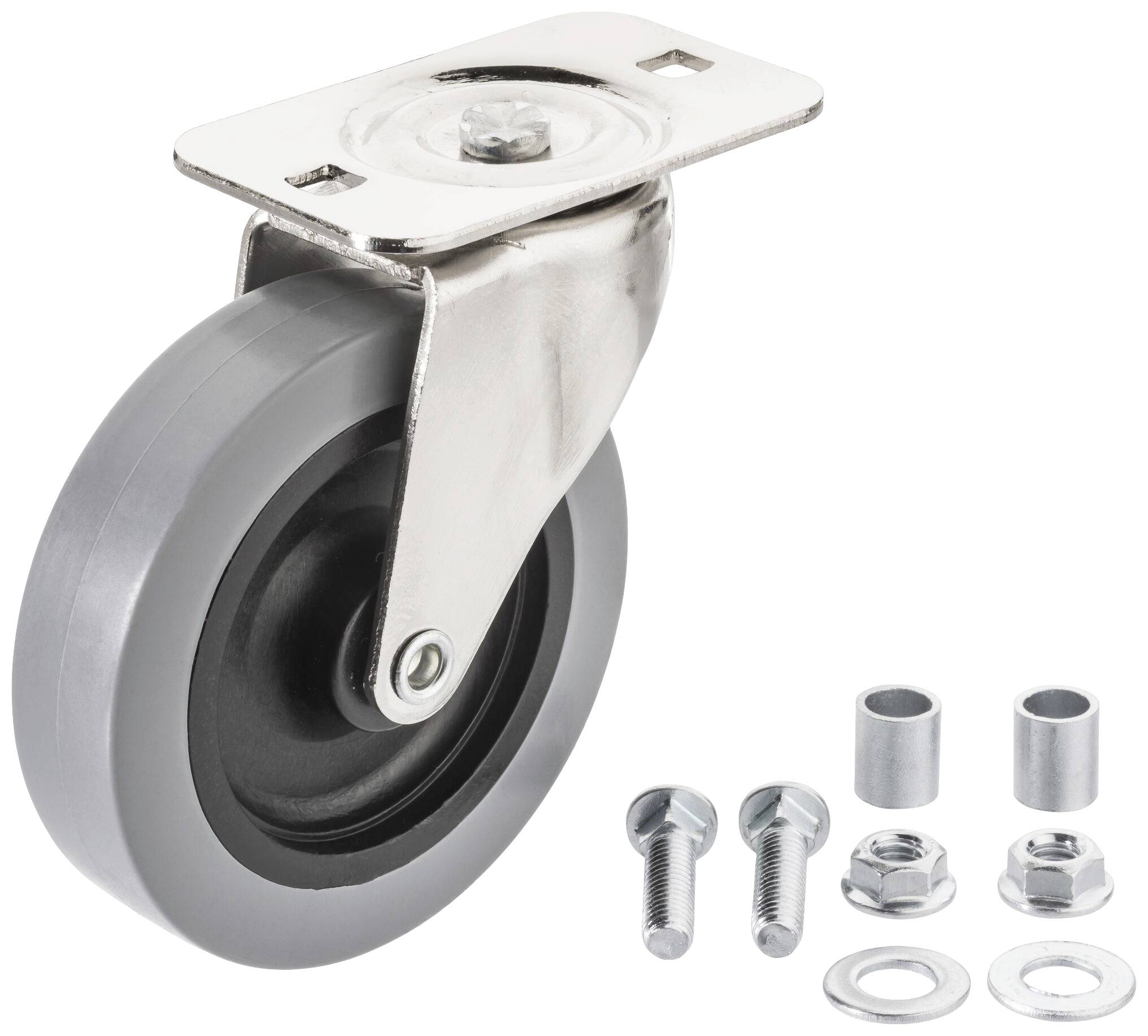 Roue de roulette de direction grise avec plaque de montage, deux vis, deux douilles et écrous pour une fixation sur une surface.