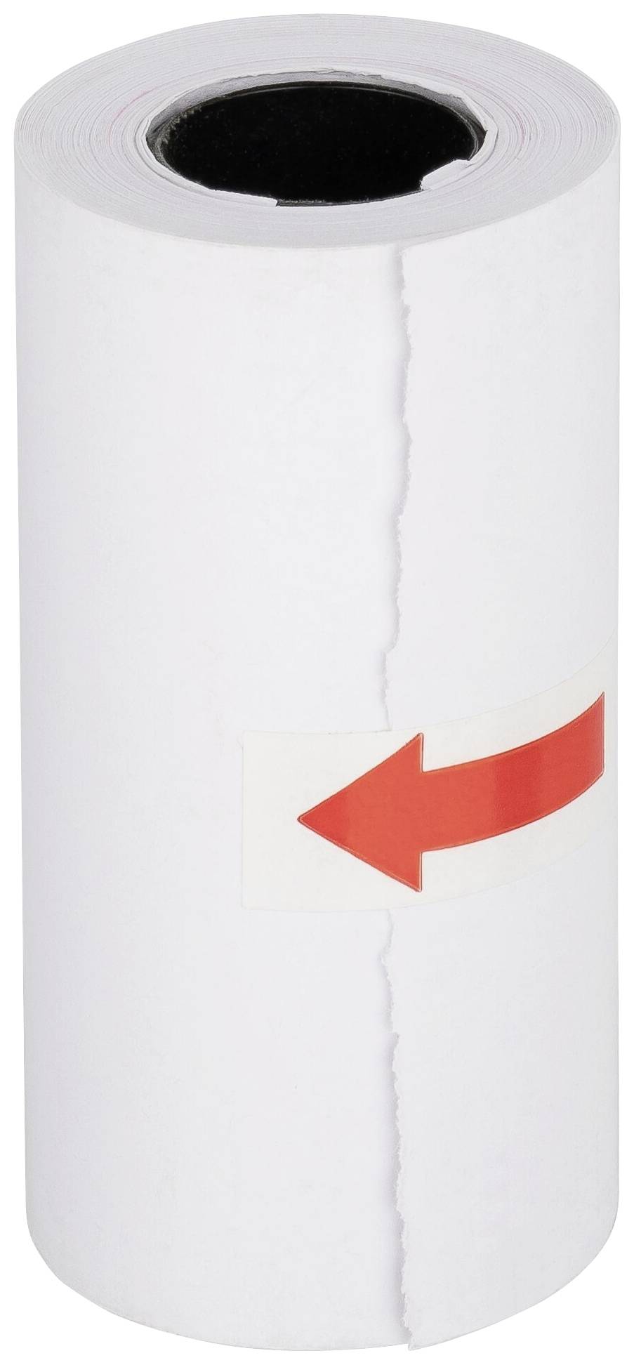 Un rouleau de papier blanc avec une flèche rouge pointant vers la gauche.