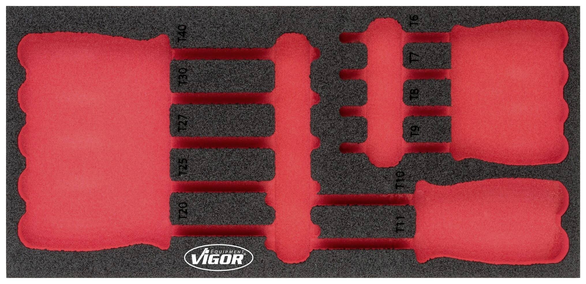 Un ensemble de six tournevis dans un insert en mousse rouge avec des contours noirs, conçu pour un rangement et une organisation sécurisés.