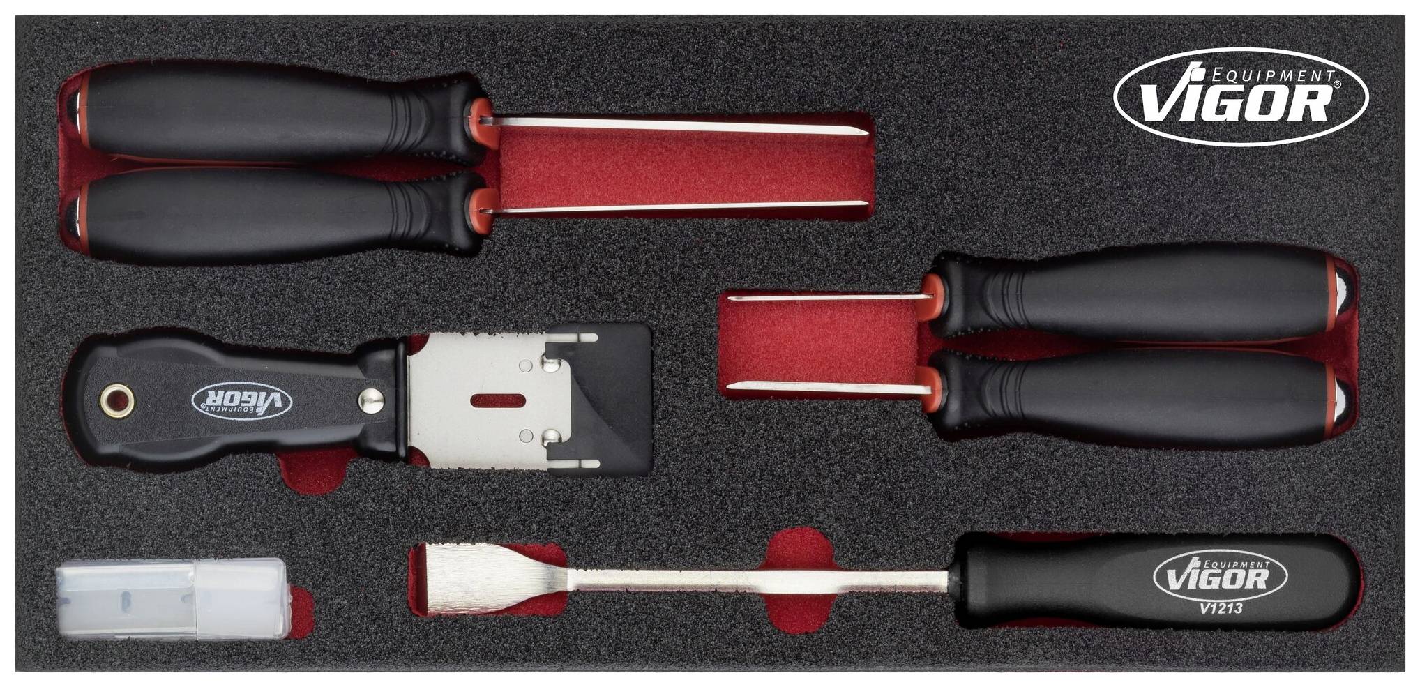 Un ensemble d'outils avec support en mousse, comprenant deux supports de lames, un grattoir, une rallonge et un récipient de lames de rechange.