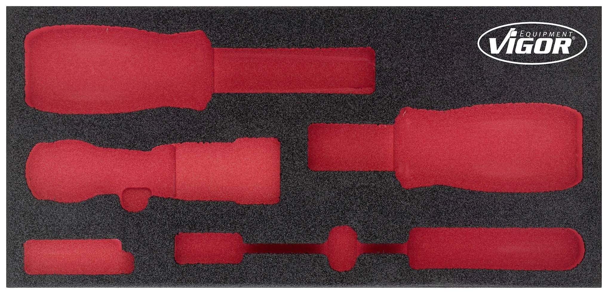 Insert d'mousse pour outils avec des découpes vides en rouge, adaptée à différentes formes d'outils. Logo Vigor en haut à droite.