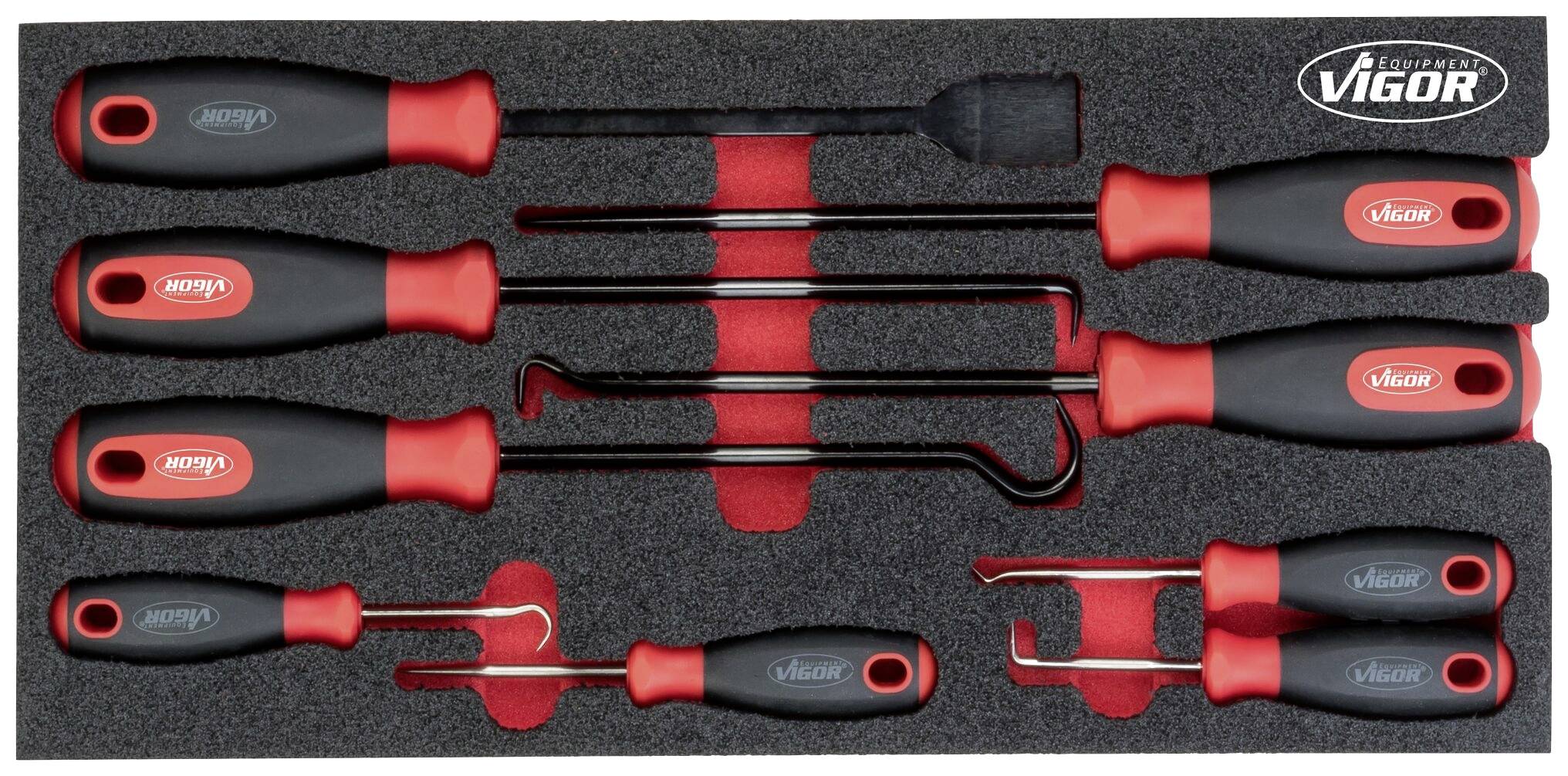 Ensemble d'outils comprenant neuf outils à crochets et leviers avec des poignées rouges et noires, disposés sur un support en mousse. Logo de la marque en haut à droite.