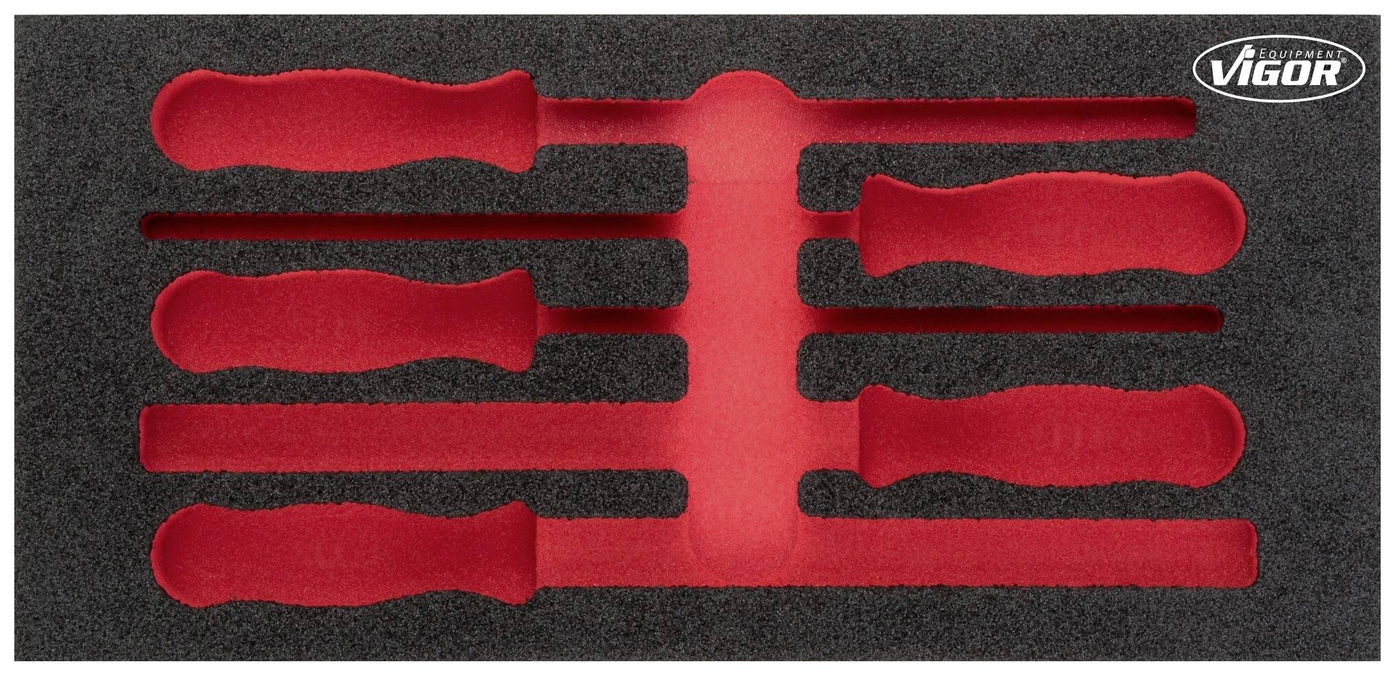 Cinq limes clés dans un insert en mousse noire avec un fond rouge, la poignée visible. Logo de la marque en haut à droite de l'image.