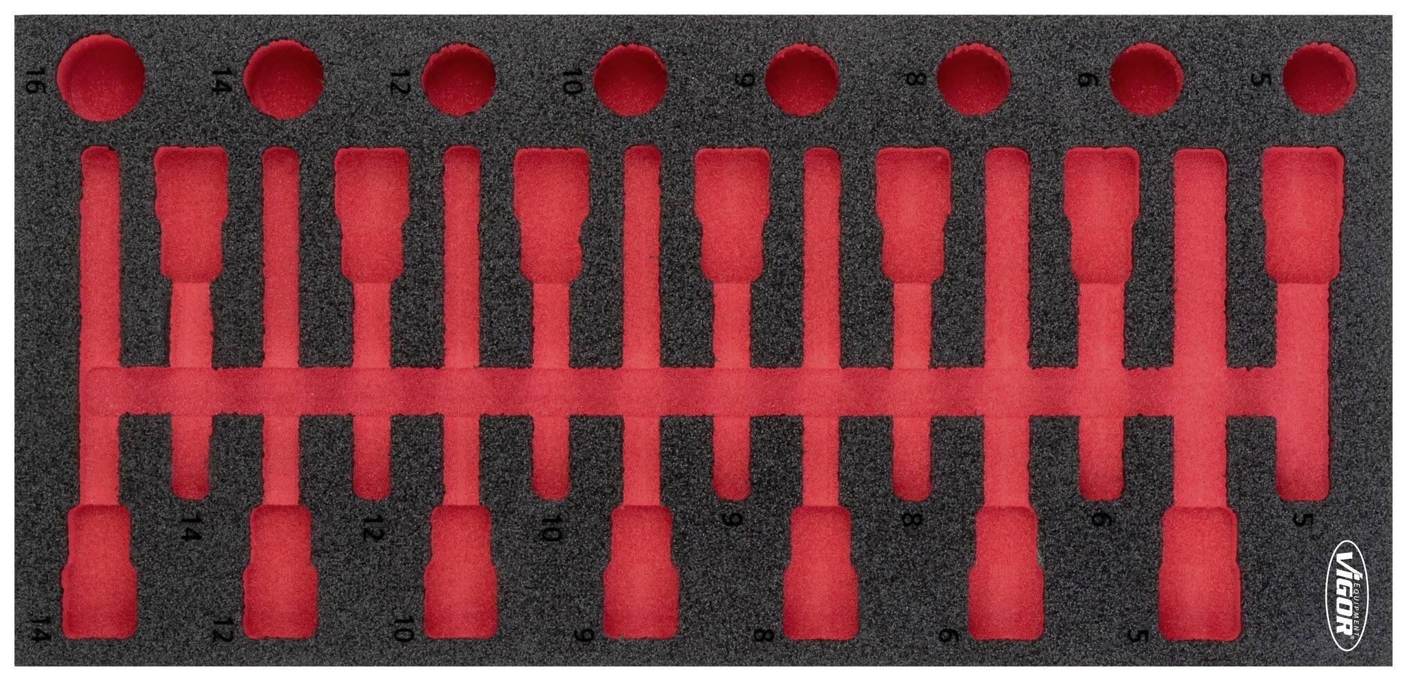Insert en mousse avec emplacements pour clés à cliquet, numérotés de 6 à 19. Logo de la marque en bas à droite.