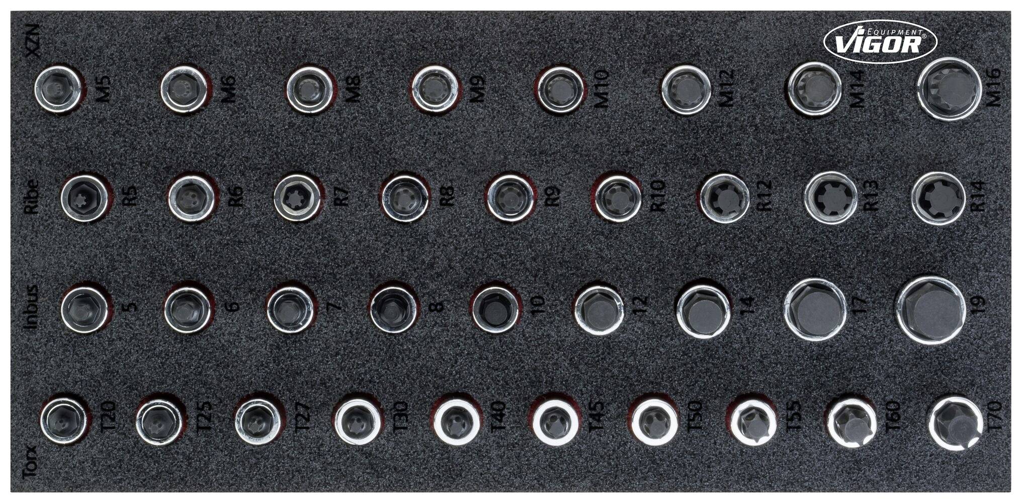 'Tableau d'outils VIGOR' avec 36 tailles différentes de clés à douille, triées par rangées et colonnes, pour une utilisation en atelier.