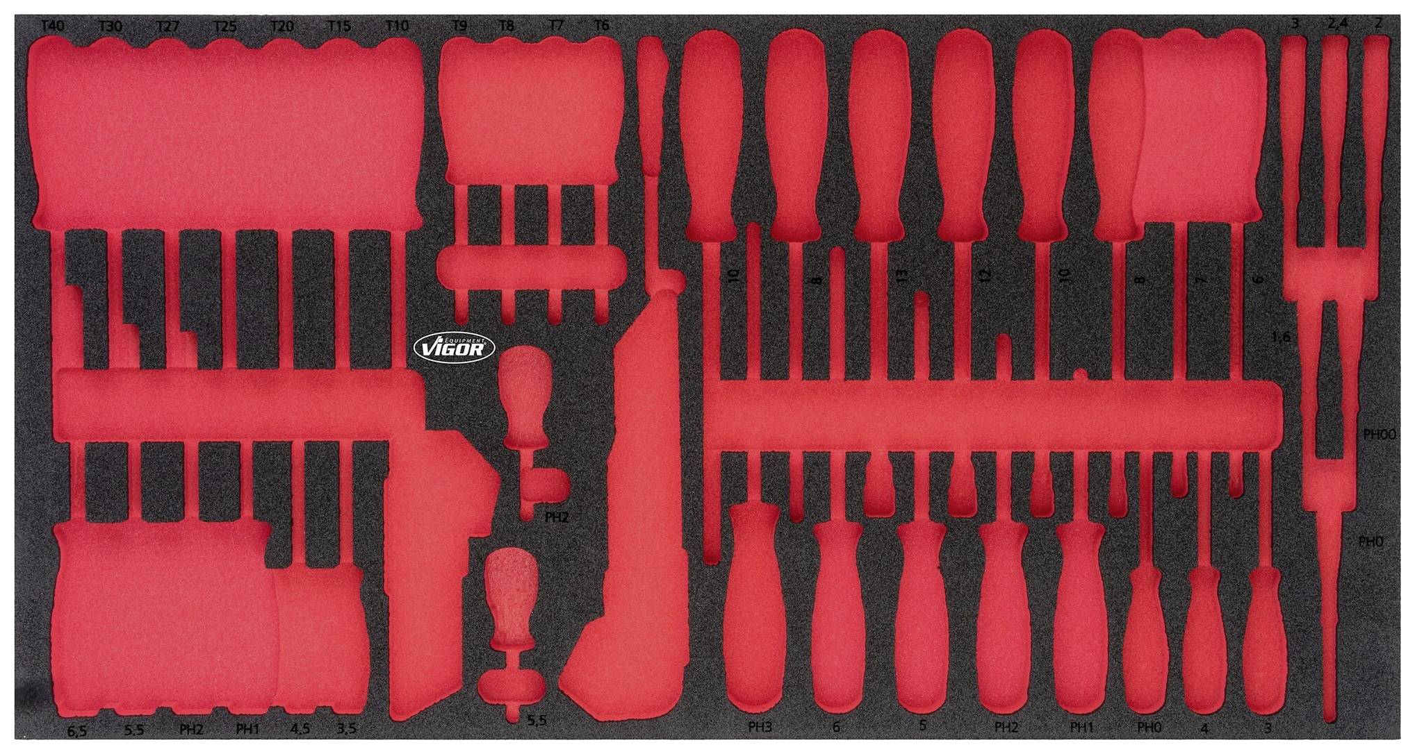 Un insert en mousse sans outil avec des découpes rouges pour différents outils à main tels que des tournevis et des pinces.
