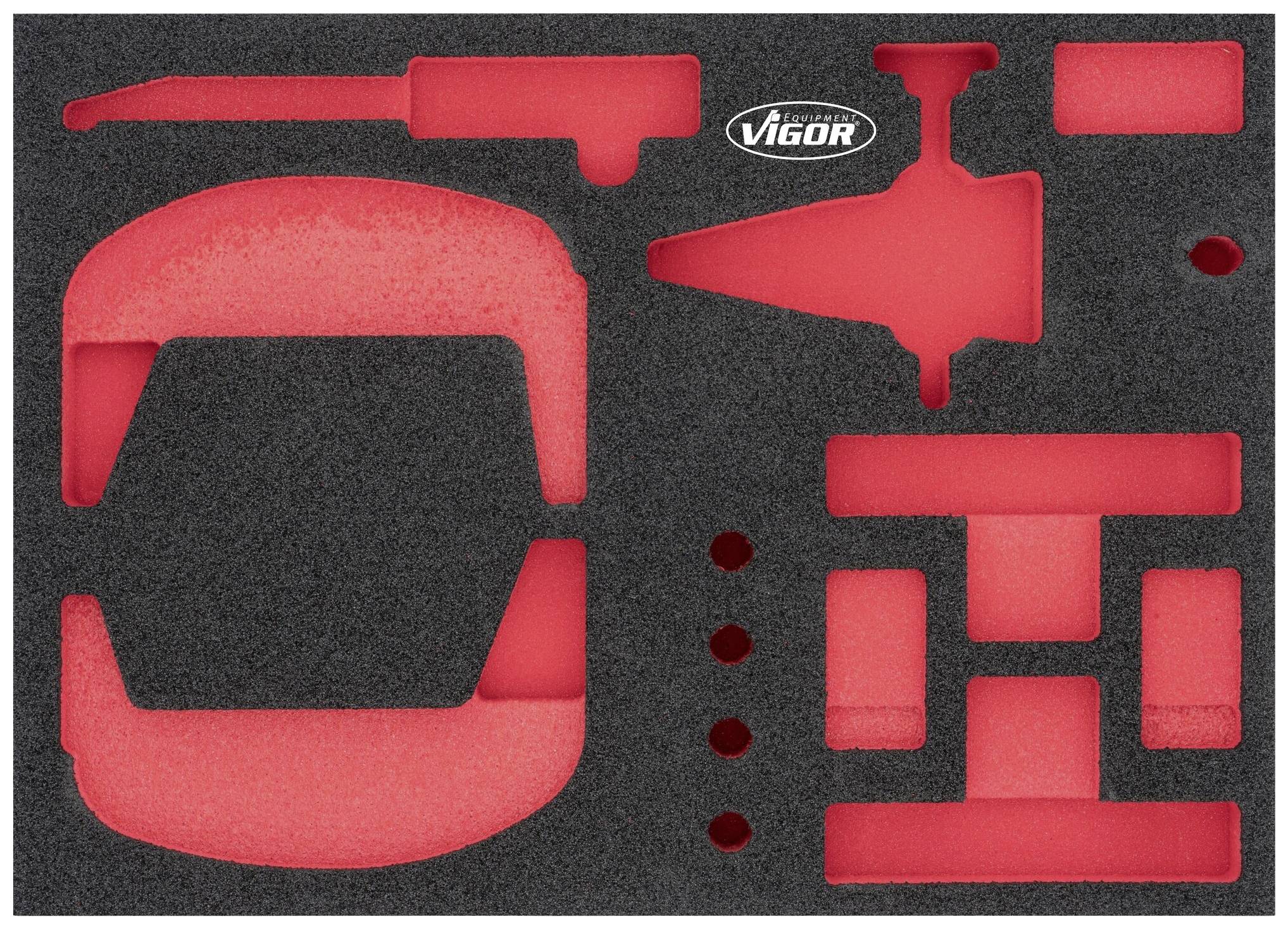 Doublure en mousse pour outils avec différents compartiments et fond rouge ; le nom de marque 'Vigor' est visible.