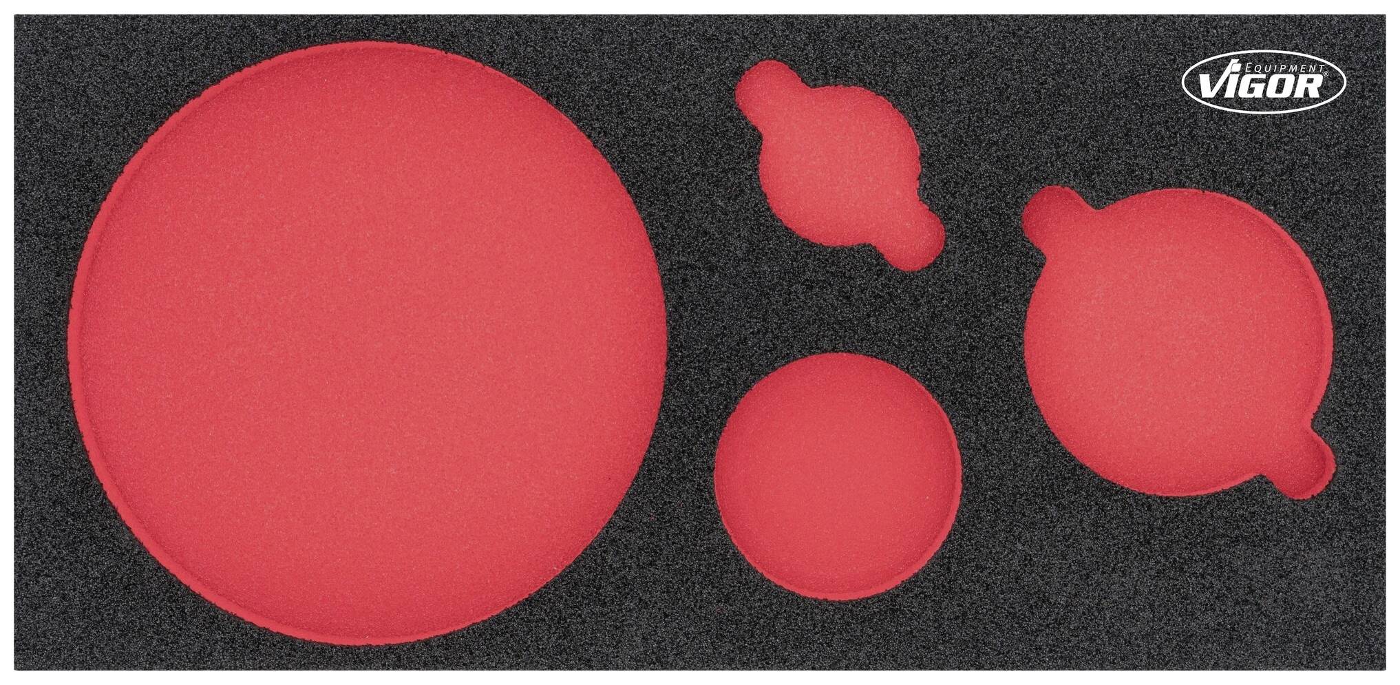 Quatre ventouses rouges de différentes tailles sont placées sur un support en mousse noire, avec le logo 'Vigor' en haut à droite.